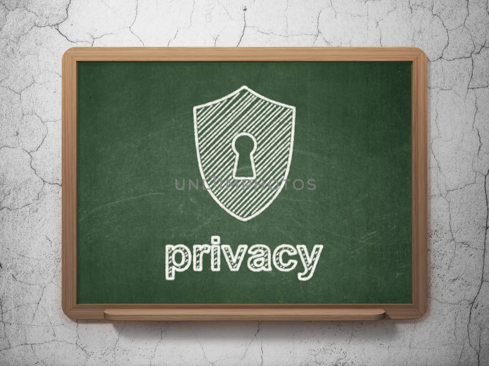 Privacy concept: Shield With Keyhole and Privacy on chalkboard background by maxkabakov