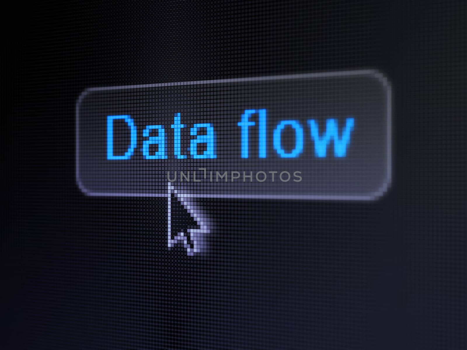 Data concept: pixelated words Data Flow on button with Arrow cursor on digital computer screen background, selected focus 3d render