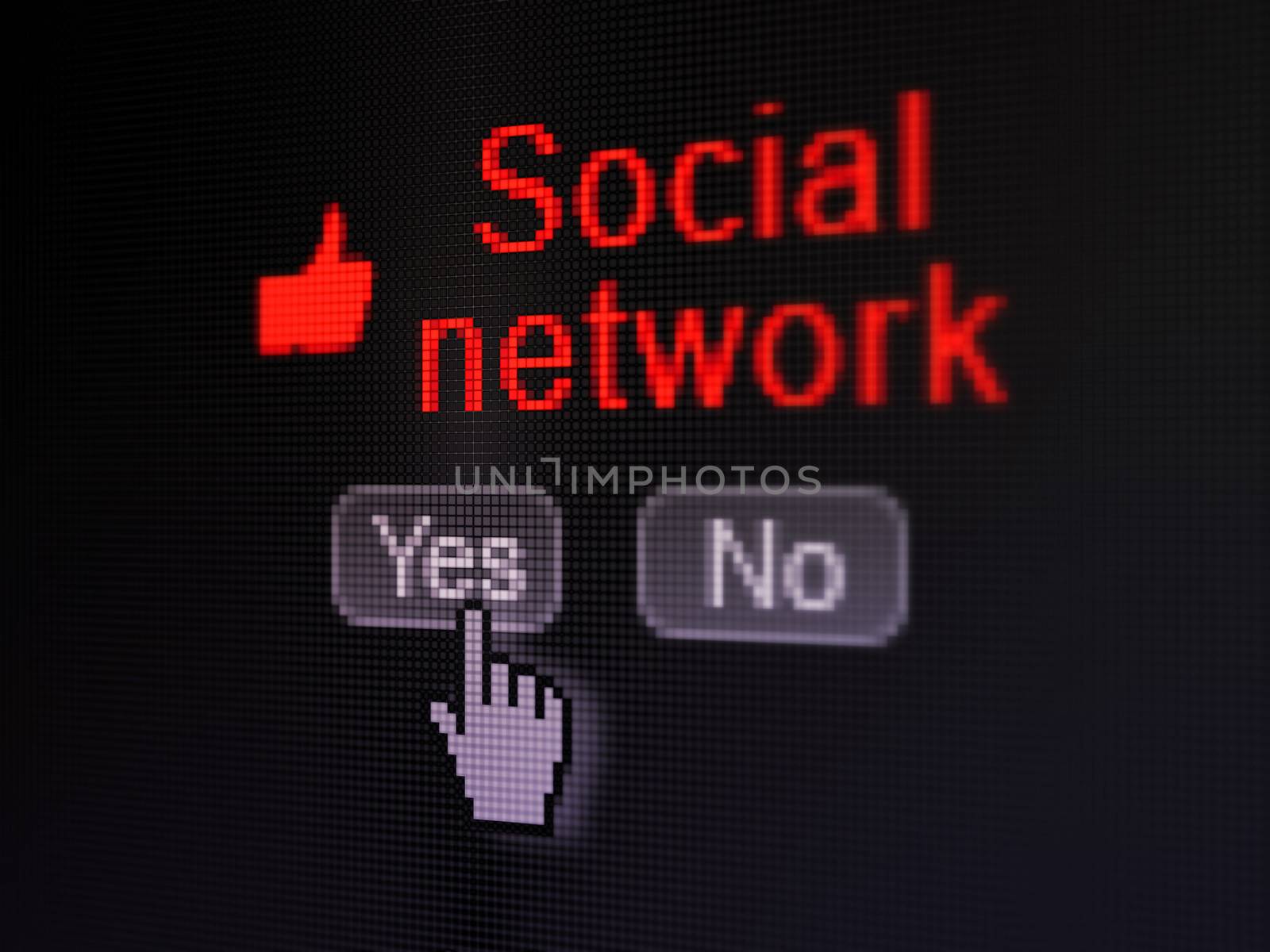 Social media concept: buttons yes and no with pixelated Thumb Up icon, word Social Network and Hand cursor on digital computer screen, selected focus 3d render