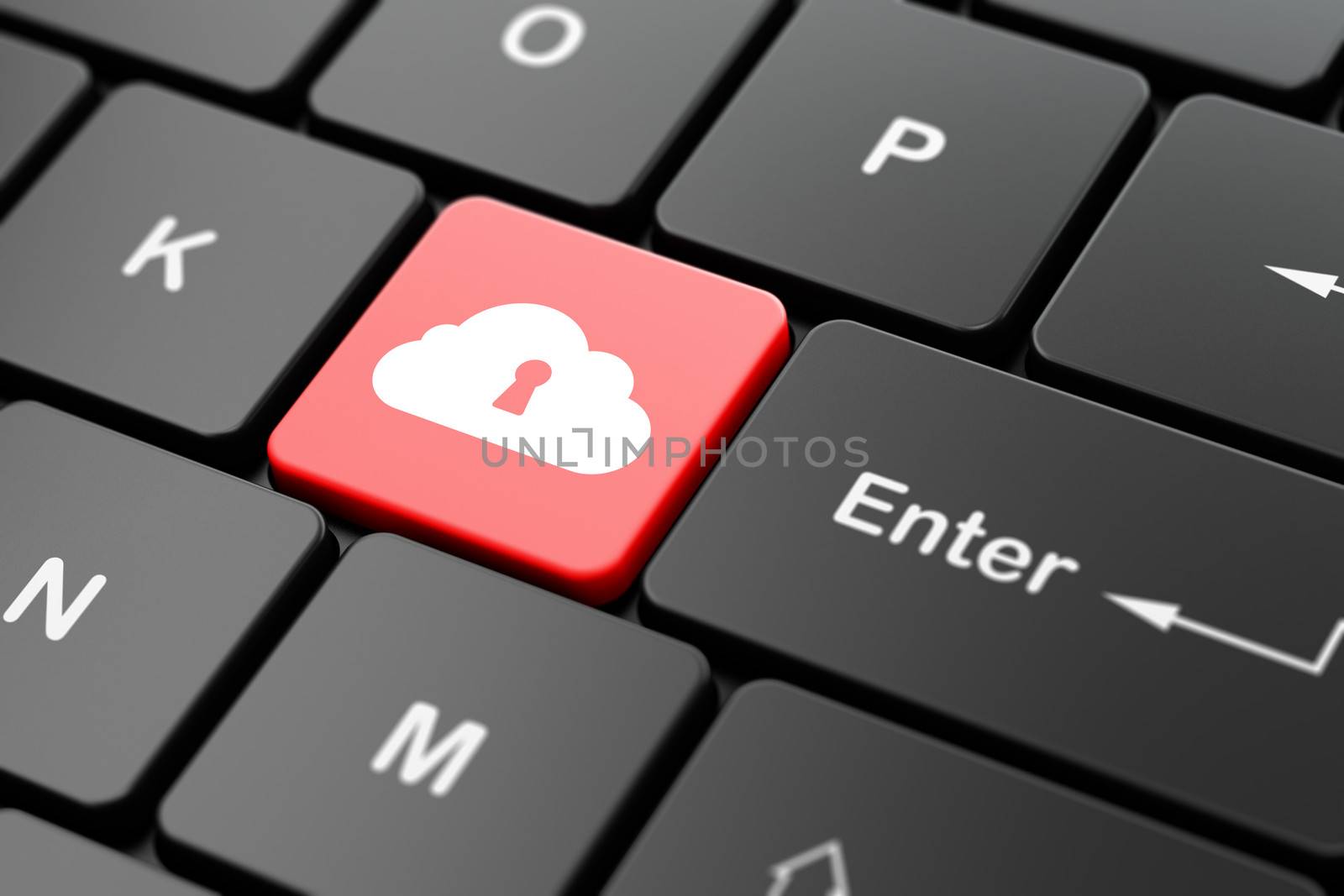 Cloud computing concept: computer keyboard with Cloud With Keyhole icon on enter button background, 3d render