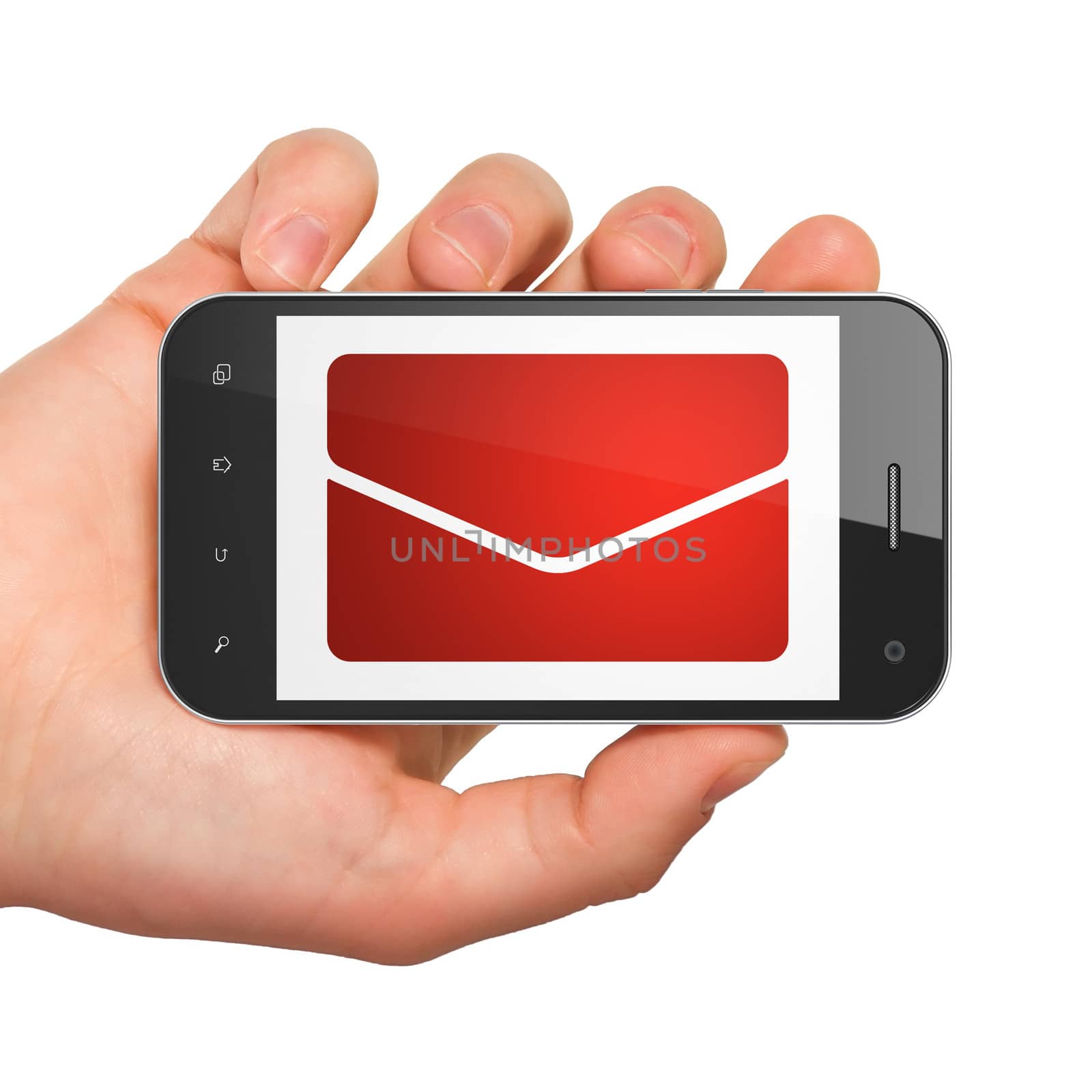 Finance concept: hand holding smartphone with Email on display. Mobile smart phone on White background, 3d render