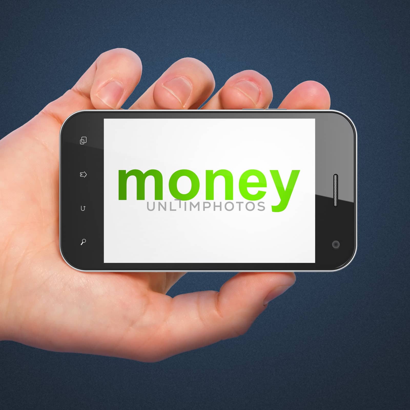 Finance concept: hand holding smartphone with word Money on display. Mobile smart phone on Blue background, 3d render