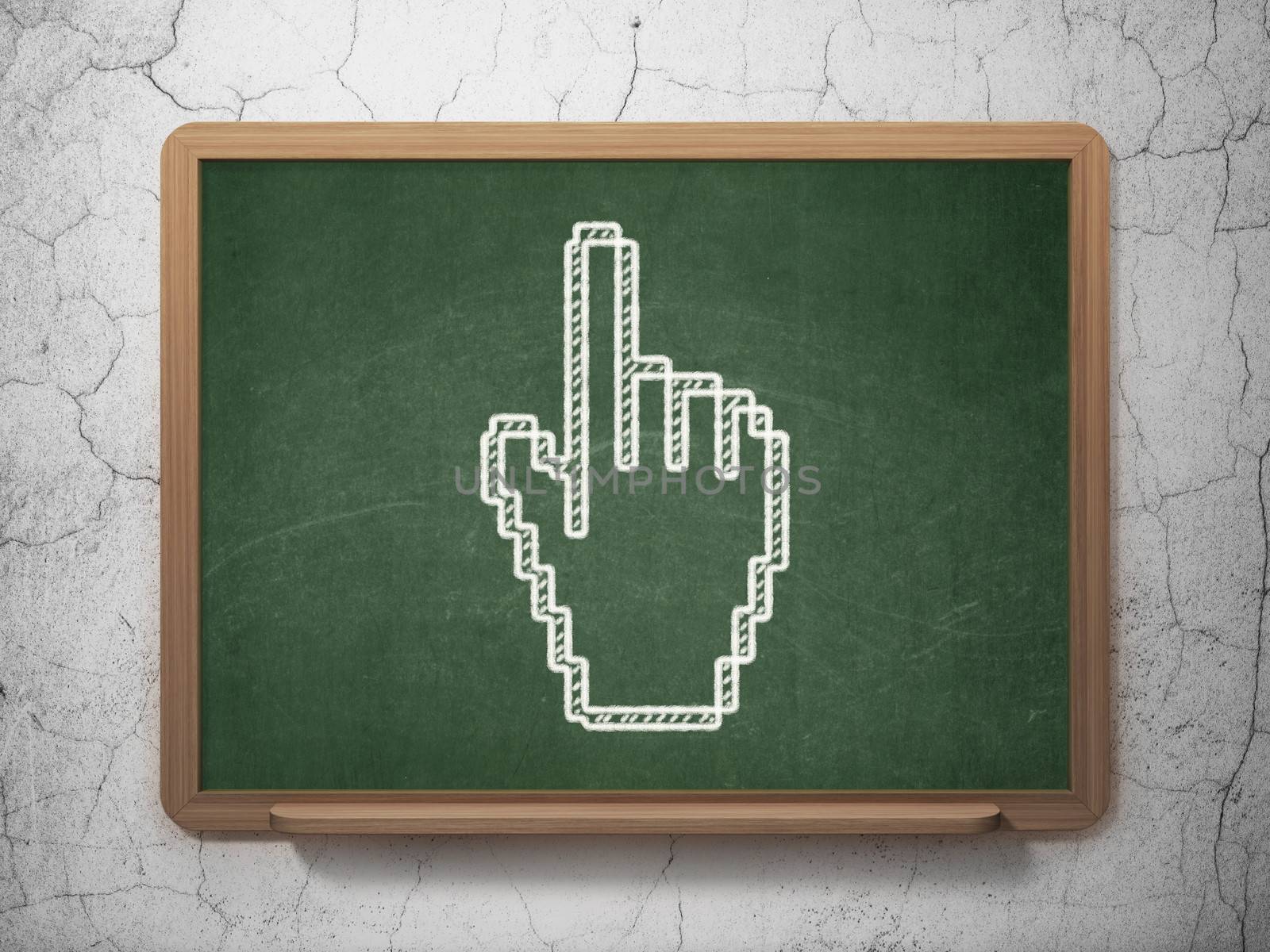 Marketing concept: Mouse Cursor icon on Green chalkboard on grunge wall background, 3d render