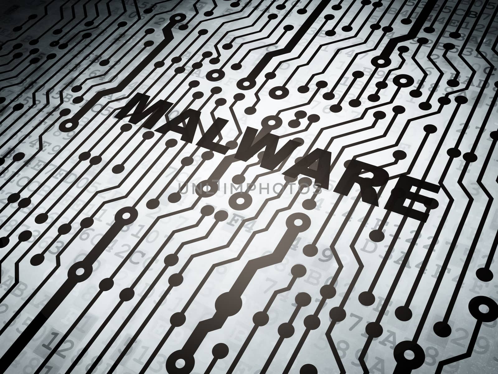 Privacy concept: circuit board with  word Malware, 3d render
