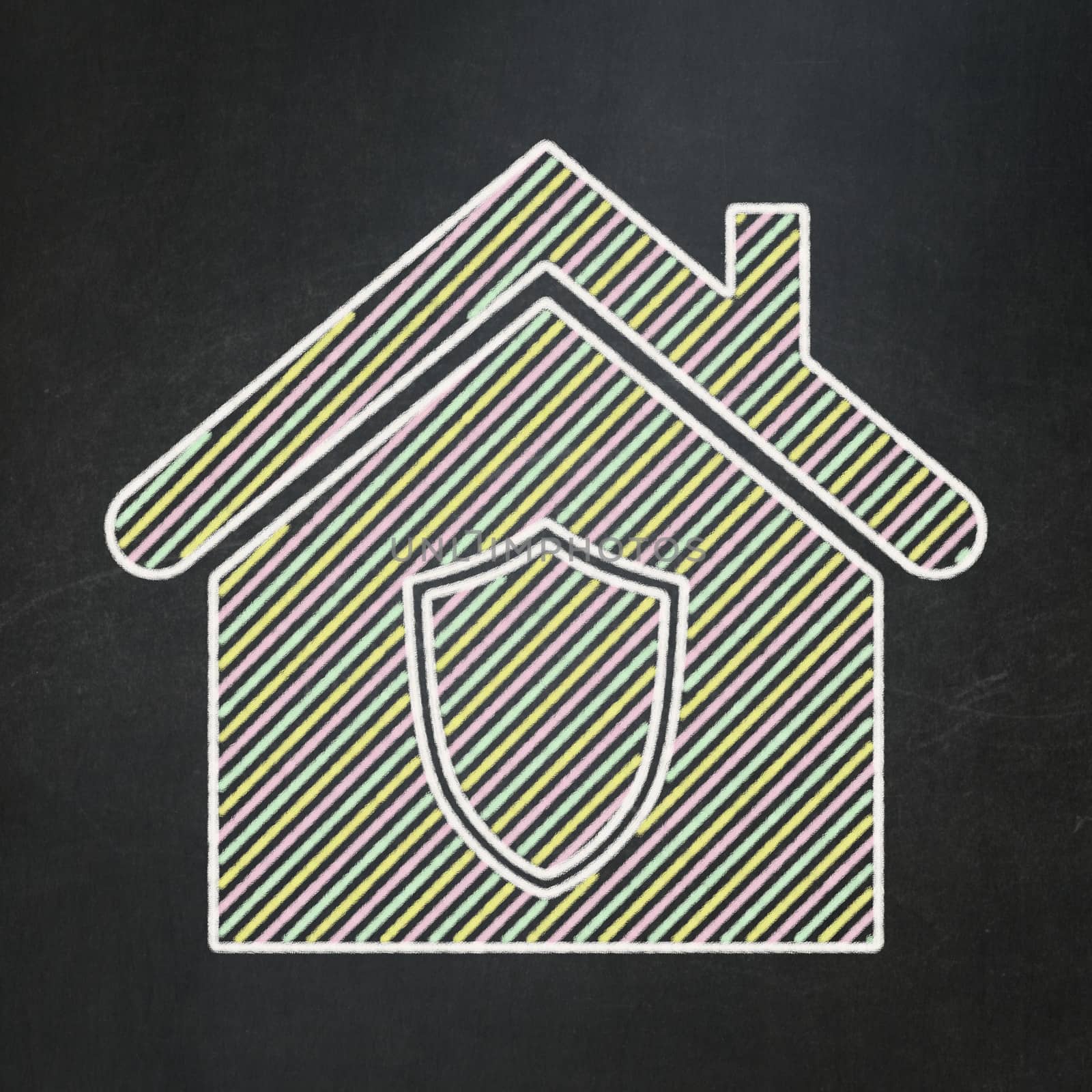 Privacy concept: Home icon on Black chalkboard background, 3d render