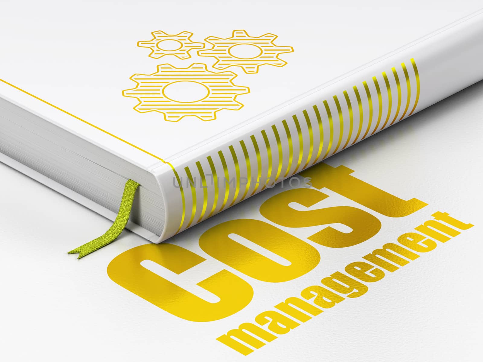 Finance concept: closed book with Gold Gears icon and text Cost Management on floor, white background, 3d render