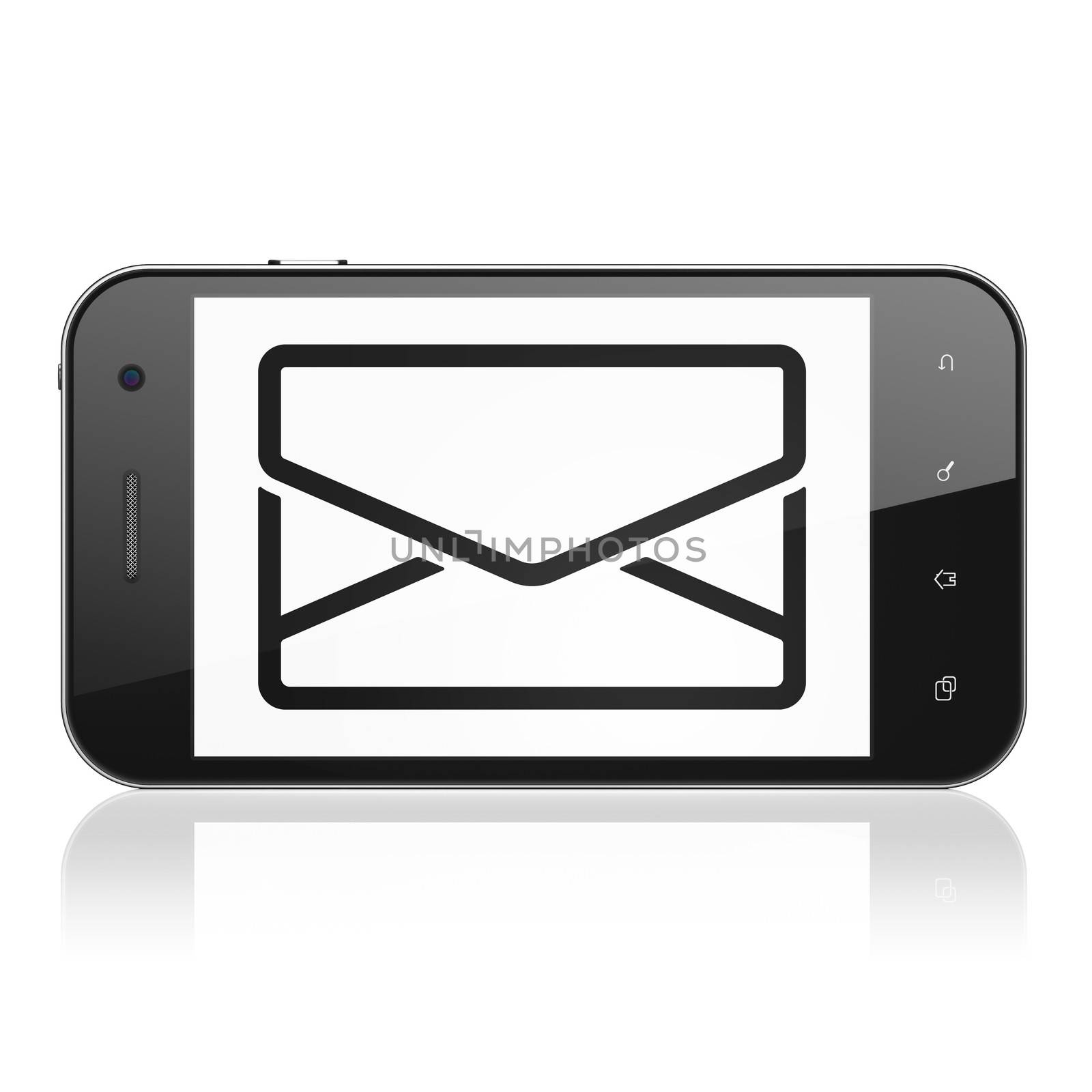 Business concept: smartphone with Email icon on display. Mobile smart phone on White background, cell phone 3d render