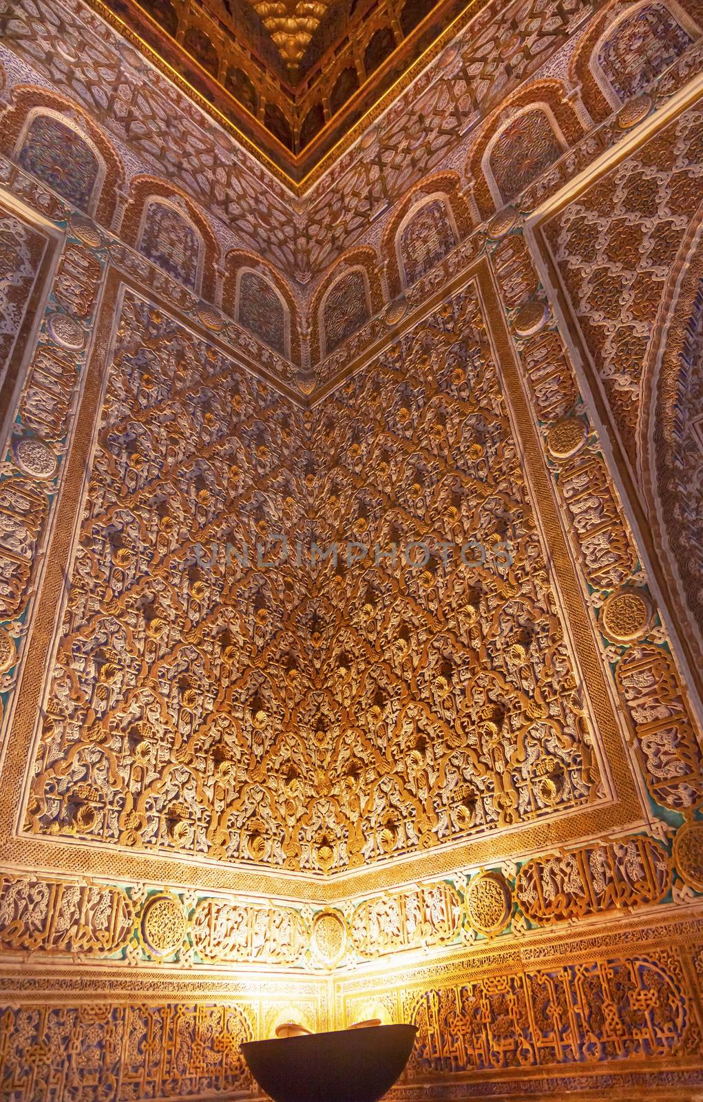 Mosaics Corner Ambassador Room Alcazar Royal Palace Seville Andalusia Spain.  Originally a Moorish Fort, oldest Royal Palace still in use in Europe. Built in the 1100s and rebuilt in the 1300s. 