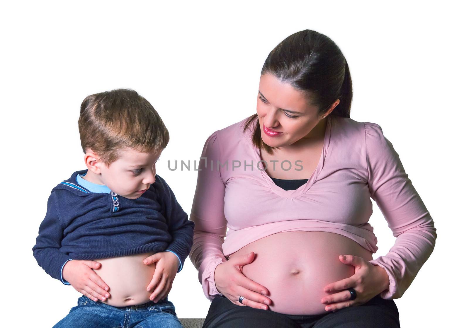 Pregnant mother and son comparing their bellies by doble.d