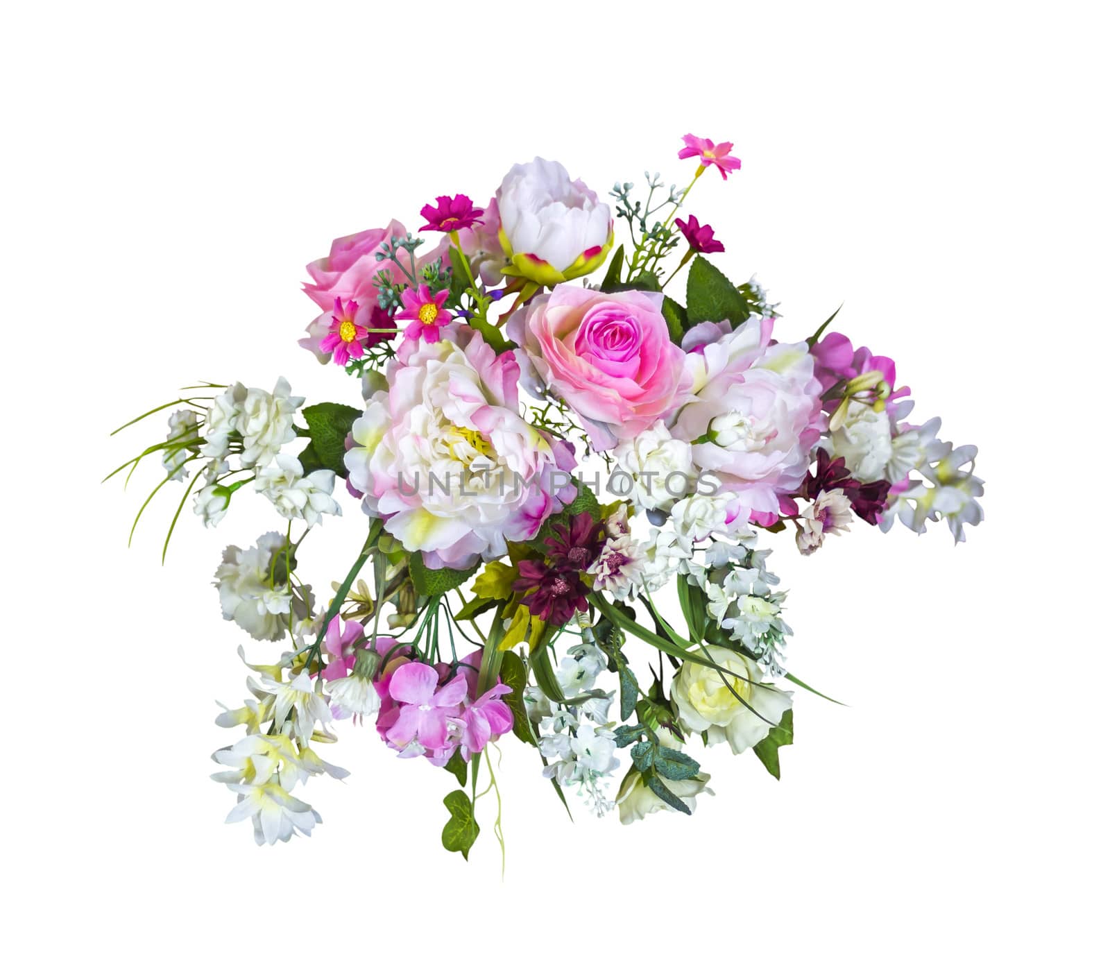 Beautiful bouquet artificial flowers isolated on white background