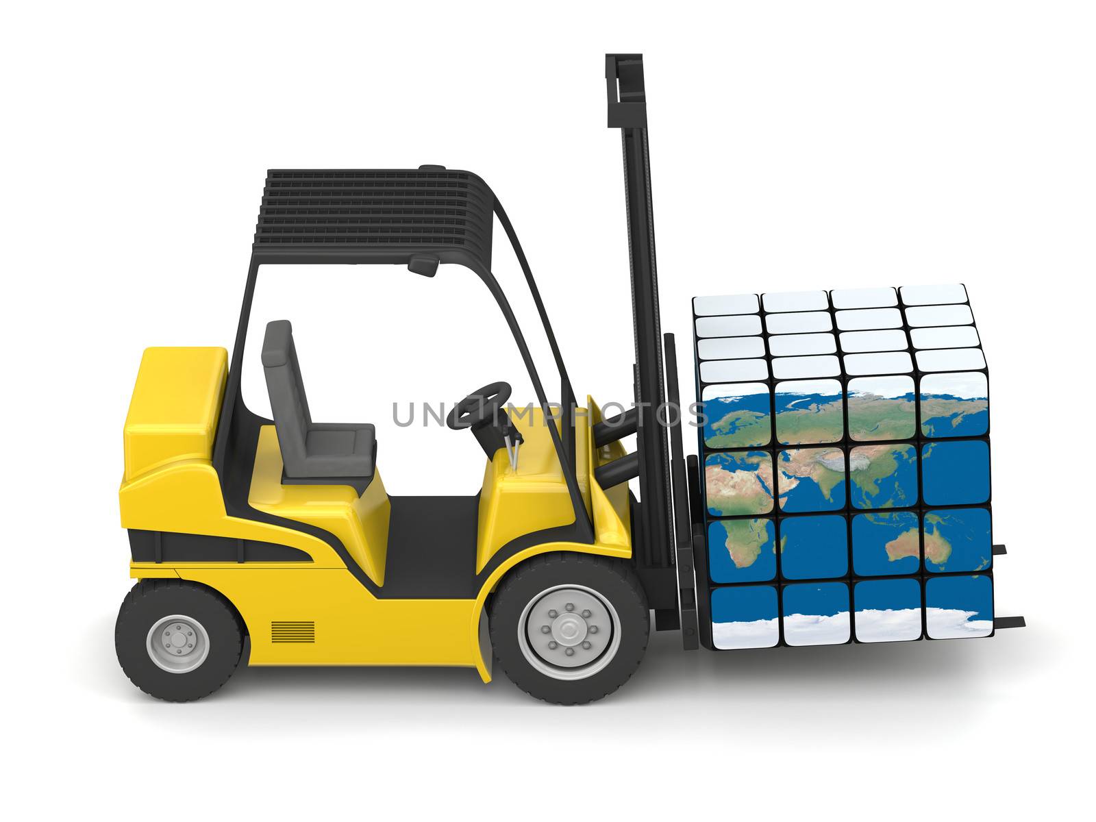 Concept of global transportation, modern yellow forklift carrying planet Earth in form of cube, isolated on white background. Elements of this image furnished by NASA.