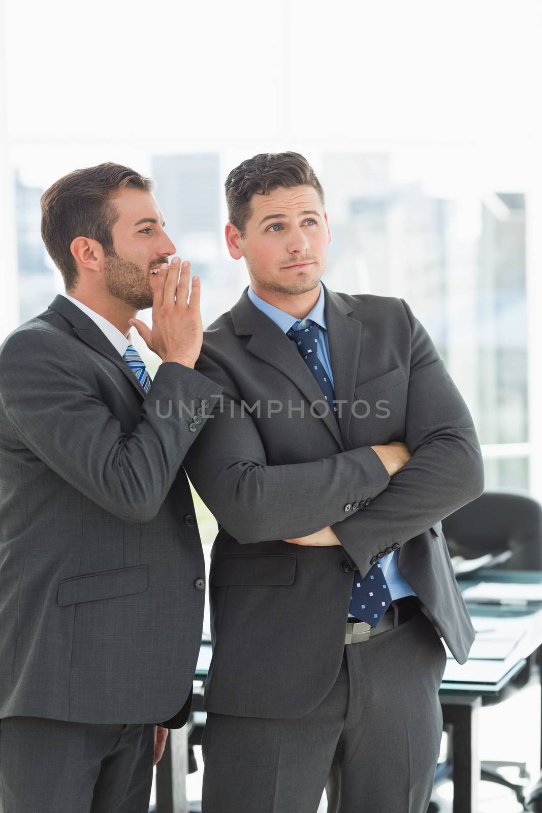 Two young well dressed businessmen in discussion at a bright office