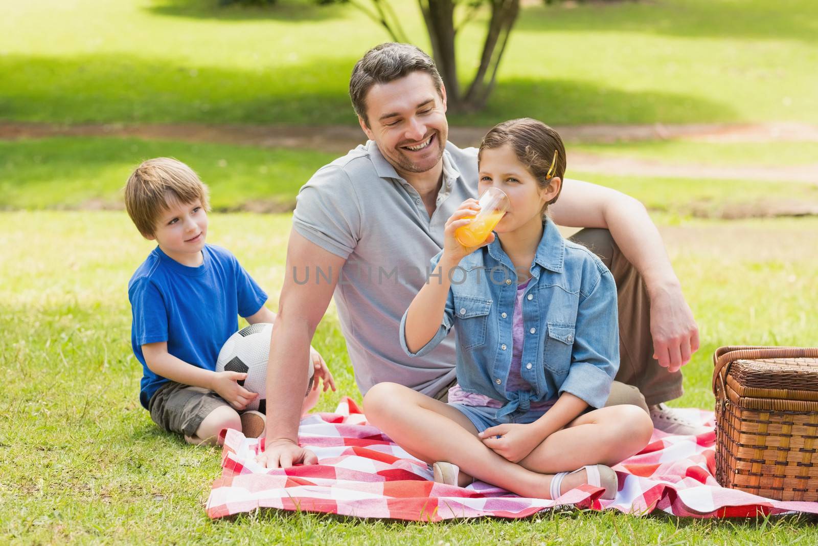 Smiling father with young kids in the park