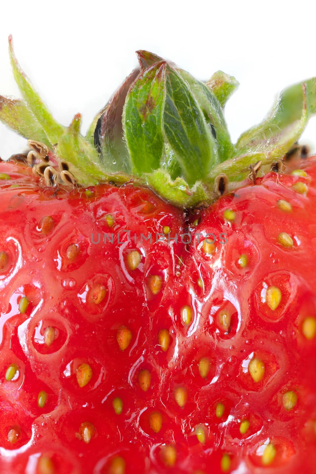 Macro of a ripe strawberry, top side view.