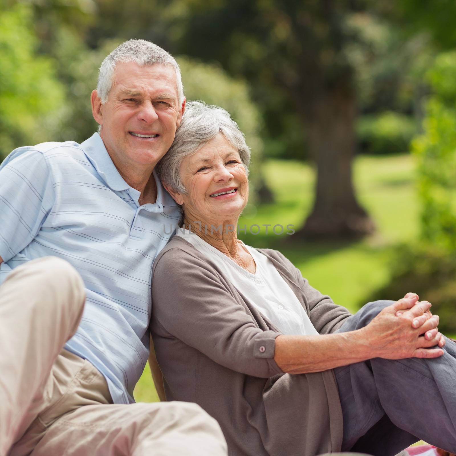 Portrait of a smiling senior couple sitting at the park