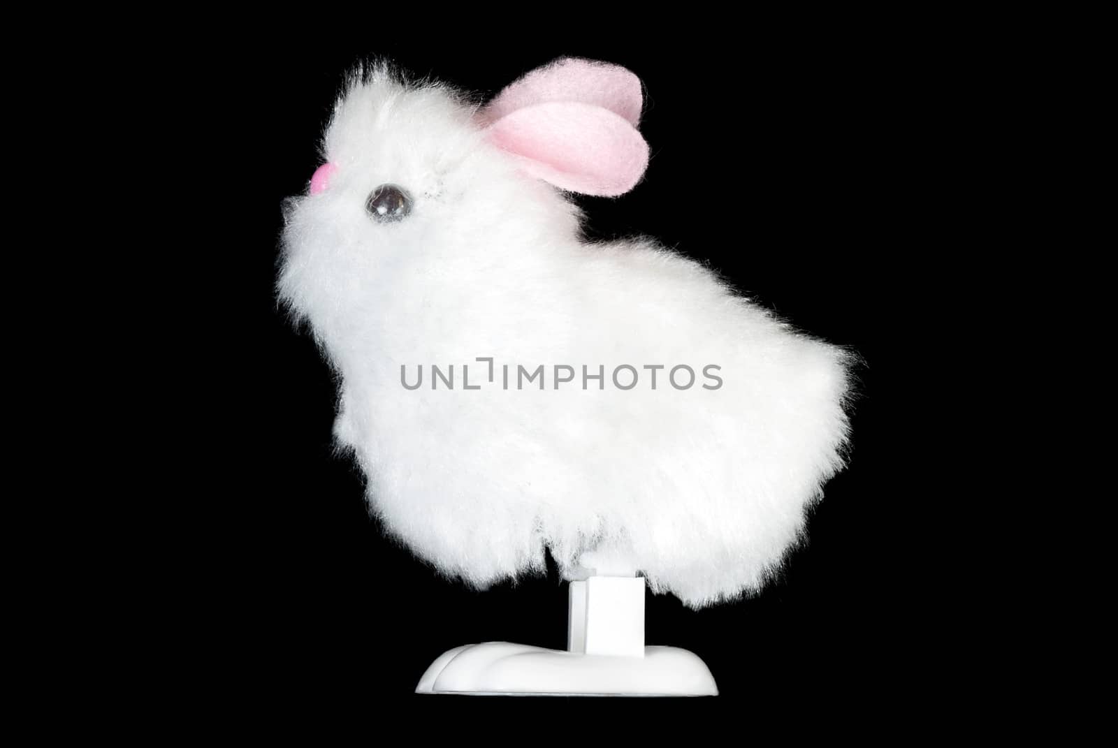 Close-up of a white fluffy bunny toy, side view.