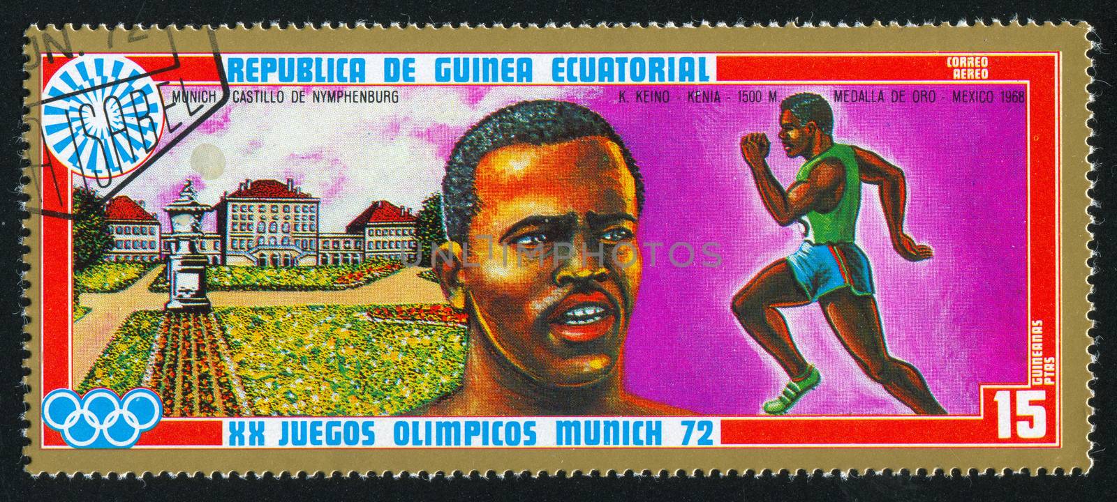 EQUATORIAL GUINEA - CIRCA 1972: stamp printed by Equatorial Guinea, shows Running and Nymphenburg Palace, circa 1972