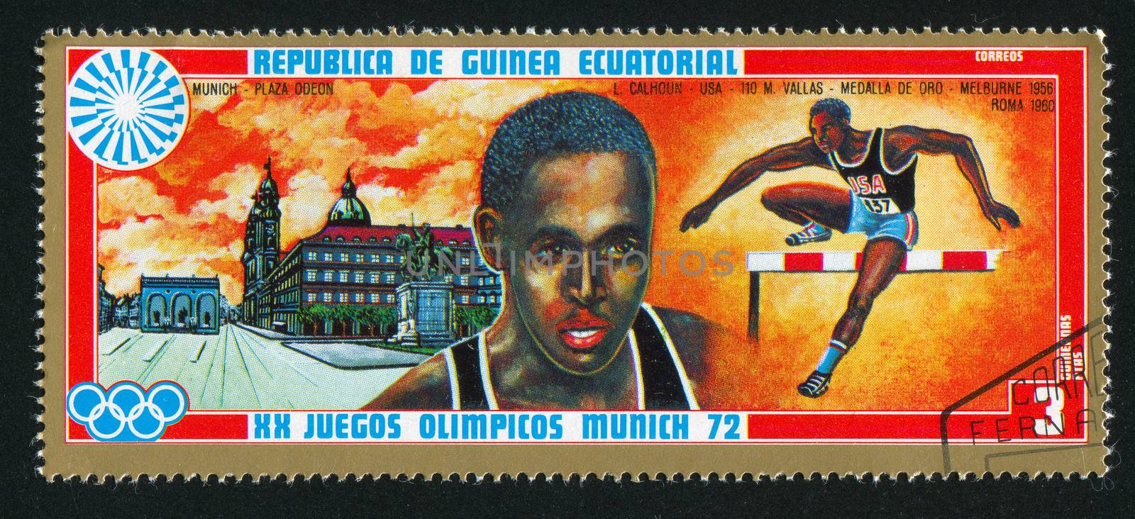 EQUATORIAL GUINEA - CIRCA 1972: stamp printed by Equatorial Guinea, shows Hurdling and Odeonsplatz, circa 1972