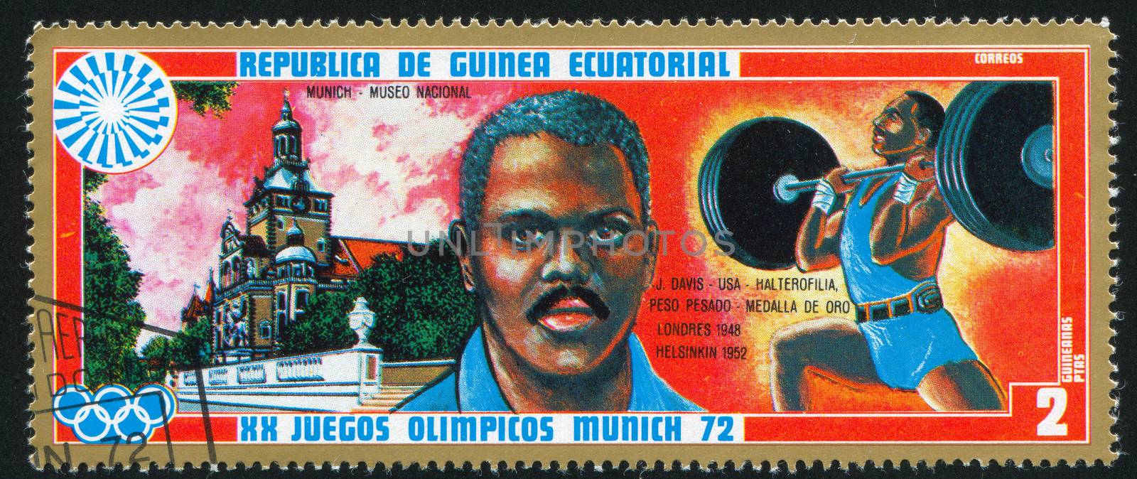 EQUATORIAL GUINEA - CIRCA 1972: stamp printed by Equatorial Guinea, shows National Museum in Munich and Weightlifting, circa 1972
