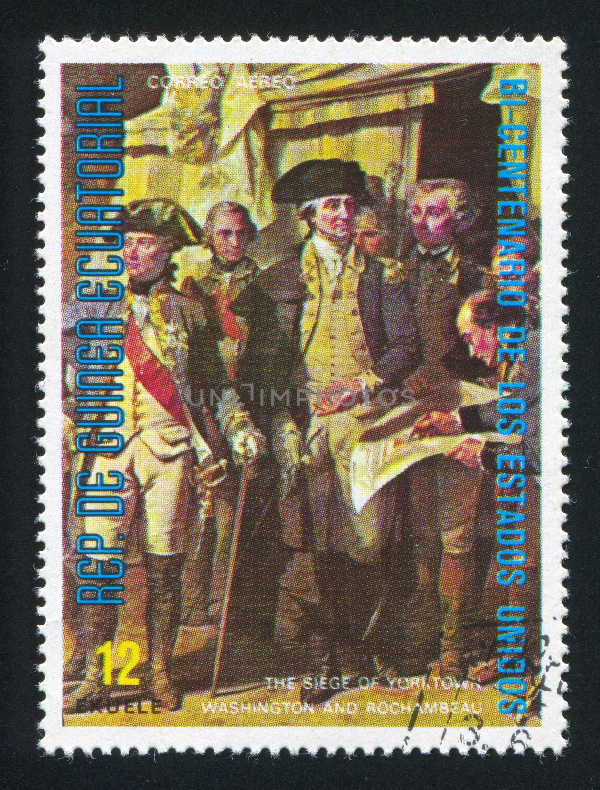 EQUATORIAL GUINEA - CIRCA 1976: stamp printed by Equatorial Guinea, shows the Siege of Yorktown, Washington and Roshambeau, circa 1976