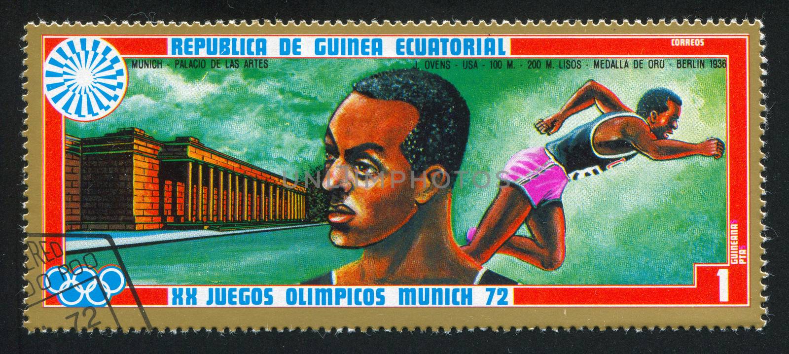 EQUATORIAL GUINEA - CIRCA 1972: stamp printed by Equatorial Guinea, shows Palace of Arts in Munich and Sprint Running, circa 1972