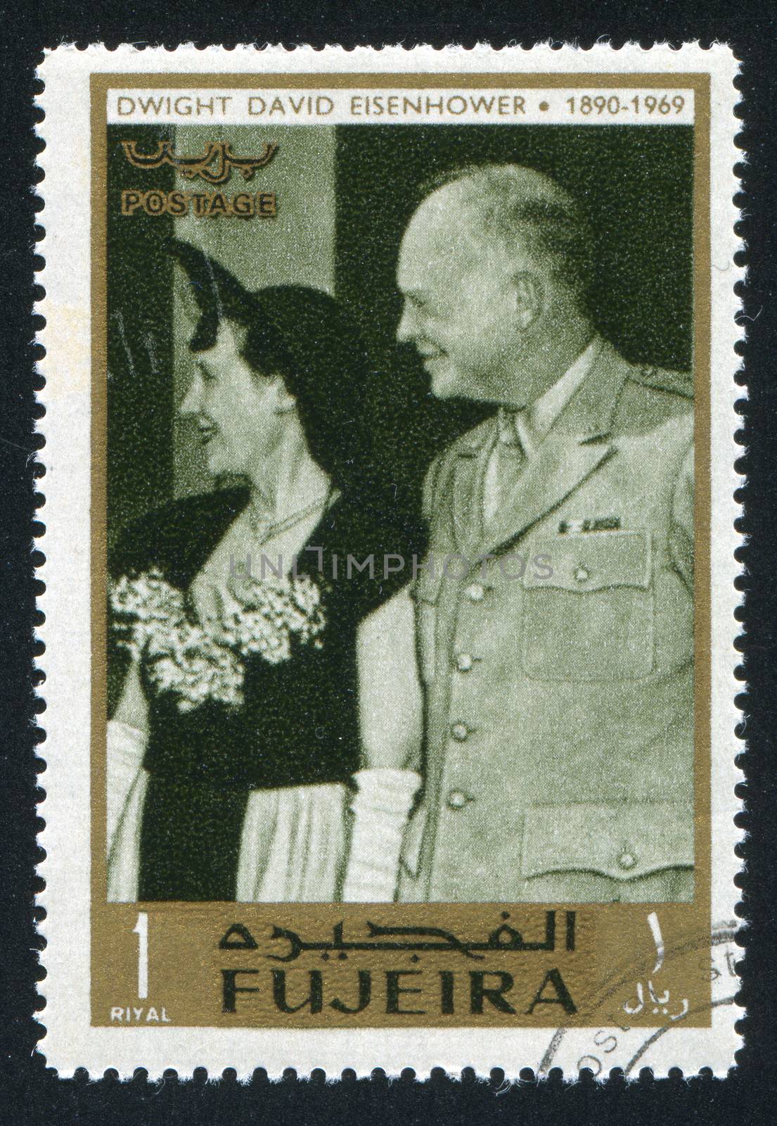 FUJEIRA - CIRCA 1976: stamp printed by Fujeira, shows Eisenhower and his wife, circa 1976