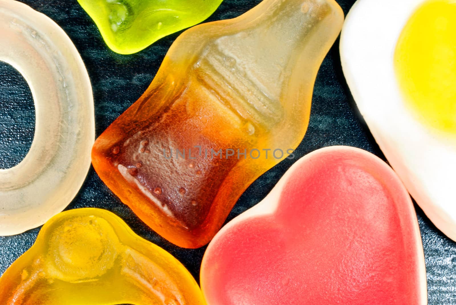Close-up of a collection of gummy candies.