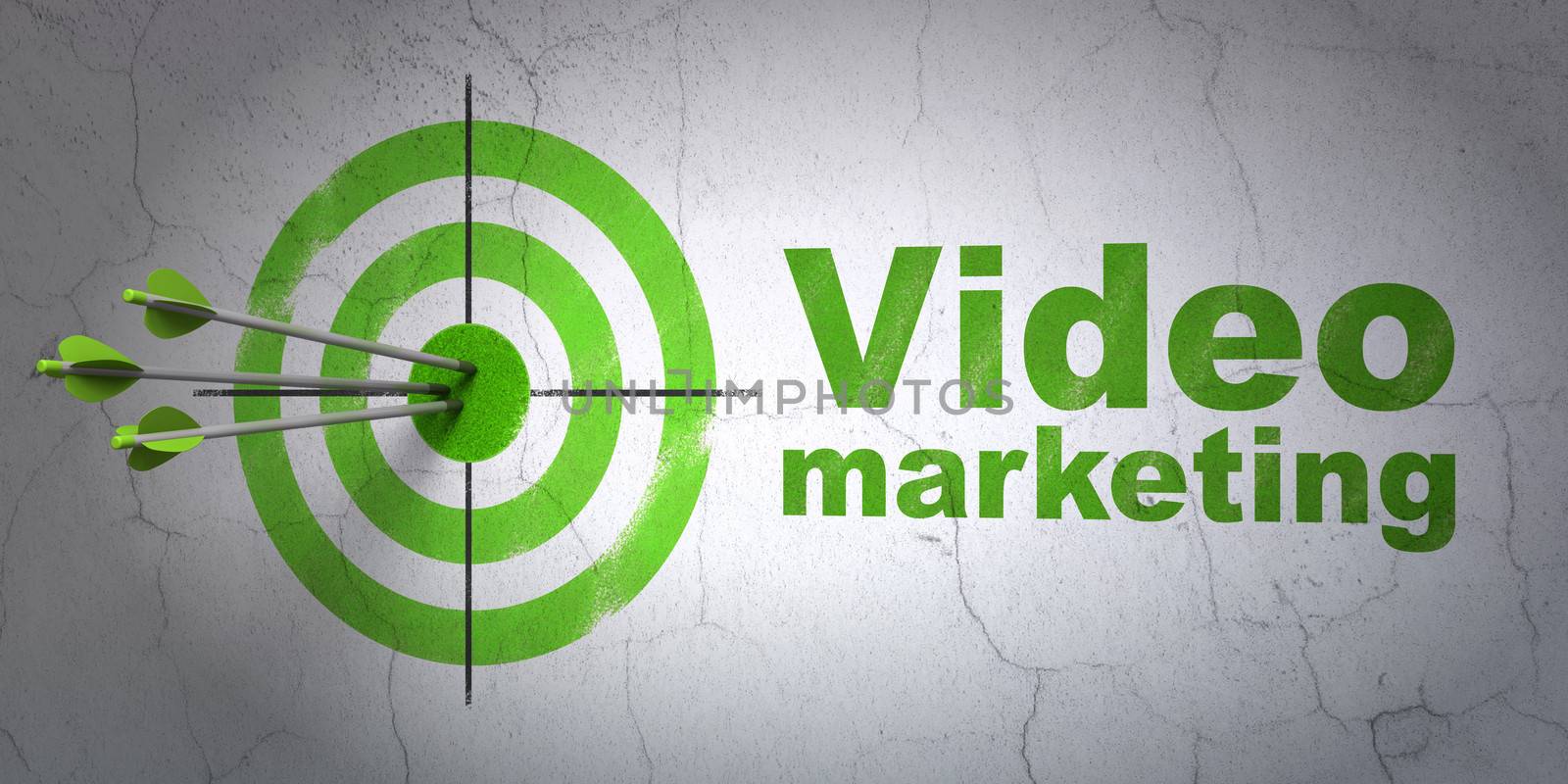 Success business concept: arrows hitting the center of target, Green Video Marketing on wall background, 3d render