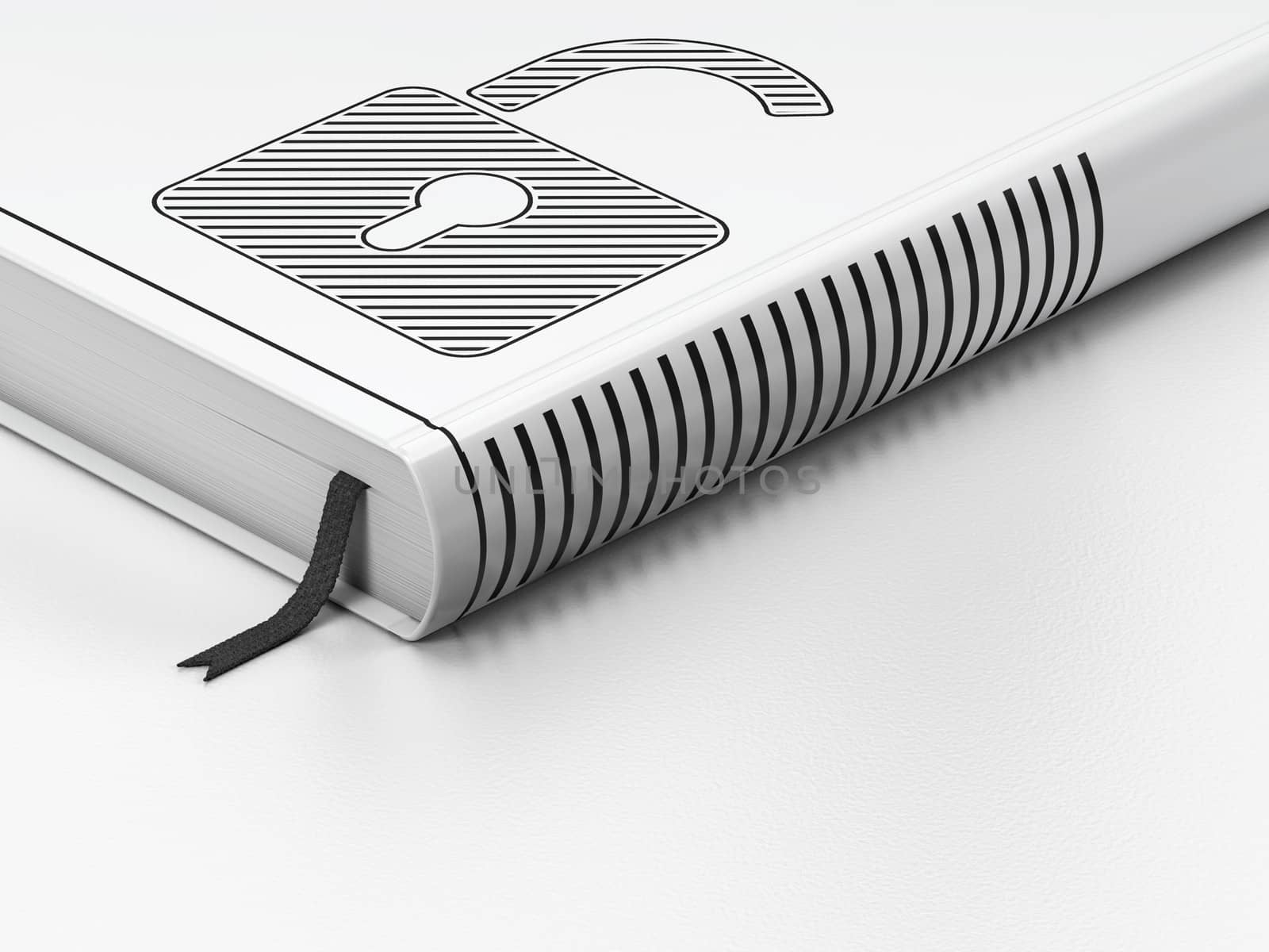 Data concept: closed book with Black Opened Padlock icon on floor, white background, 3d render