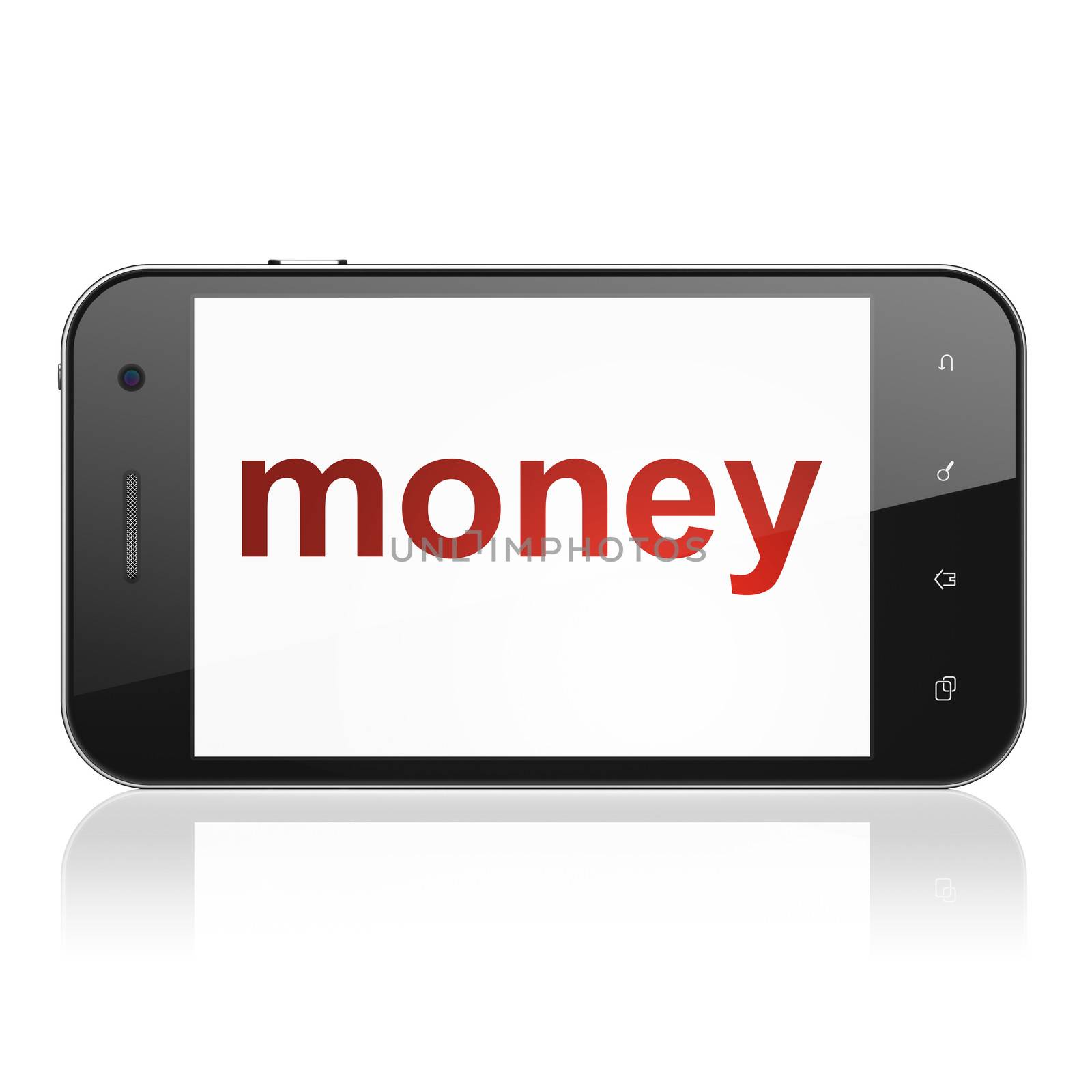 Finance concept: smartphone with text Money on display. Mobile smart phone on White background, cell phone 3d render