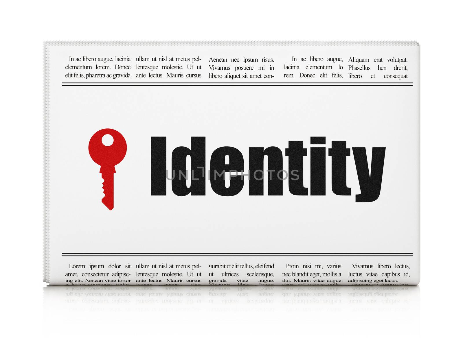 Safety concept: newspaper headline Identity and Key icon on White background, 3d render