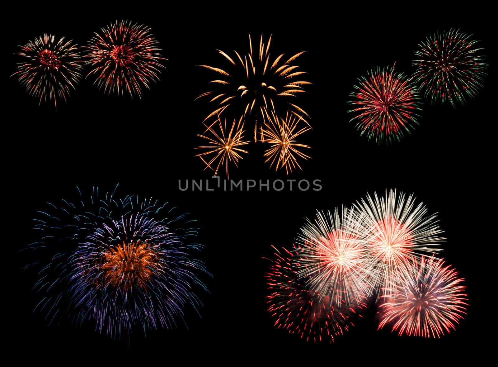 Collection of Colorful Fireworks on Black Background