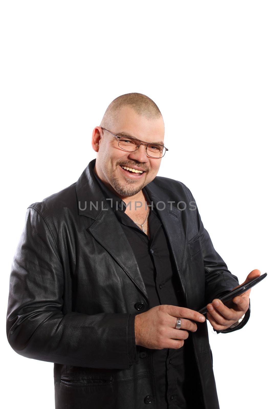 smiling man with Tablet PC on a white background