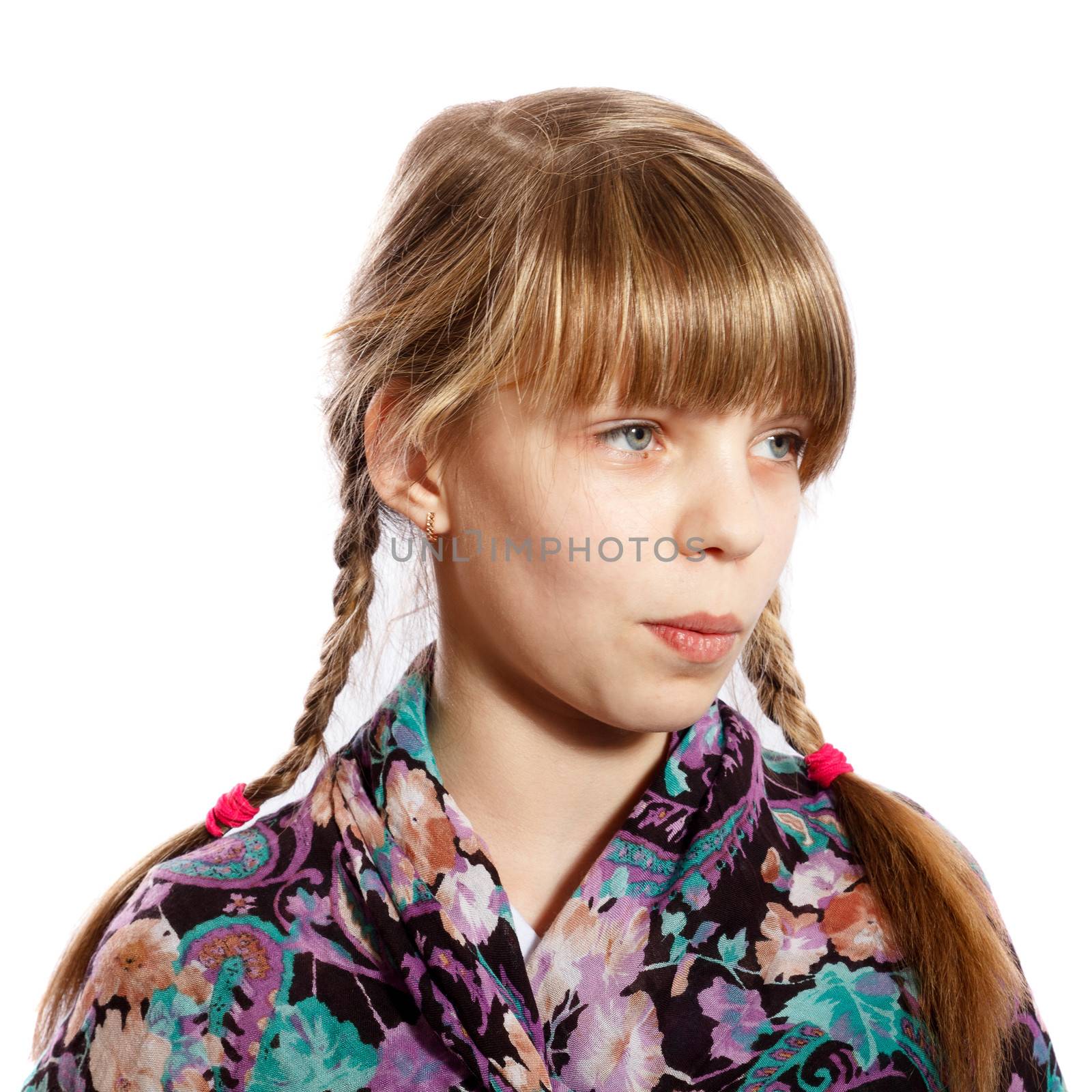 girl with braids look at something on a white background