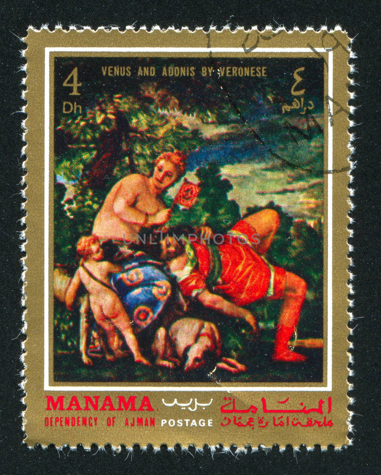 MANAMA - CIRCA 1971: stamp printed by Manama, shows Venus and Adonis by Veronese, circa 1971