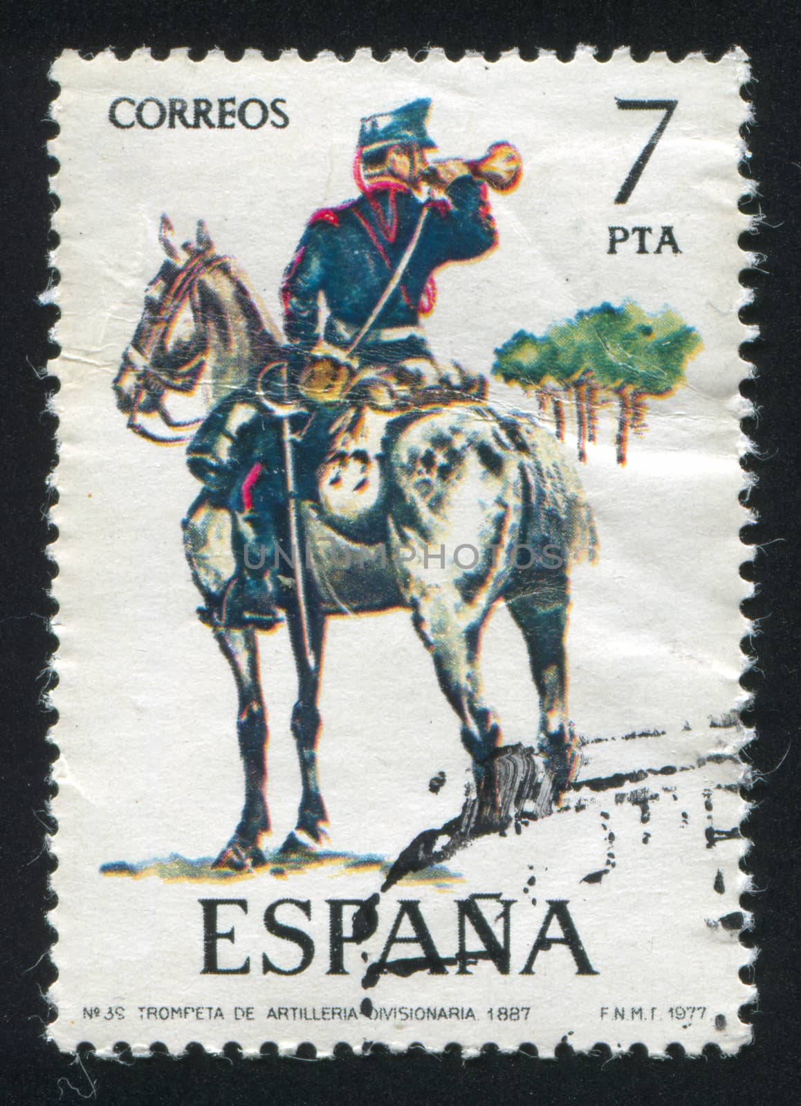 SPAIN - CIRCA 1977: stamp printed by Spain, shows rider, Trumpeter, Divisional Artillery, circa 1977.