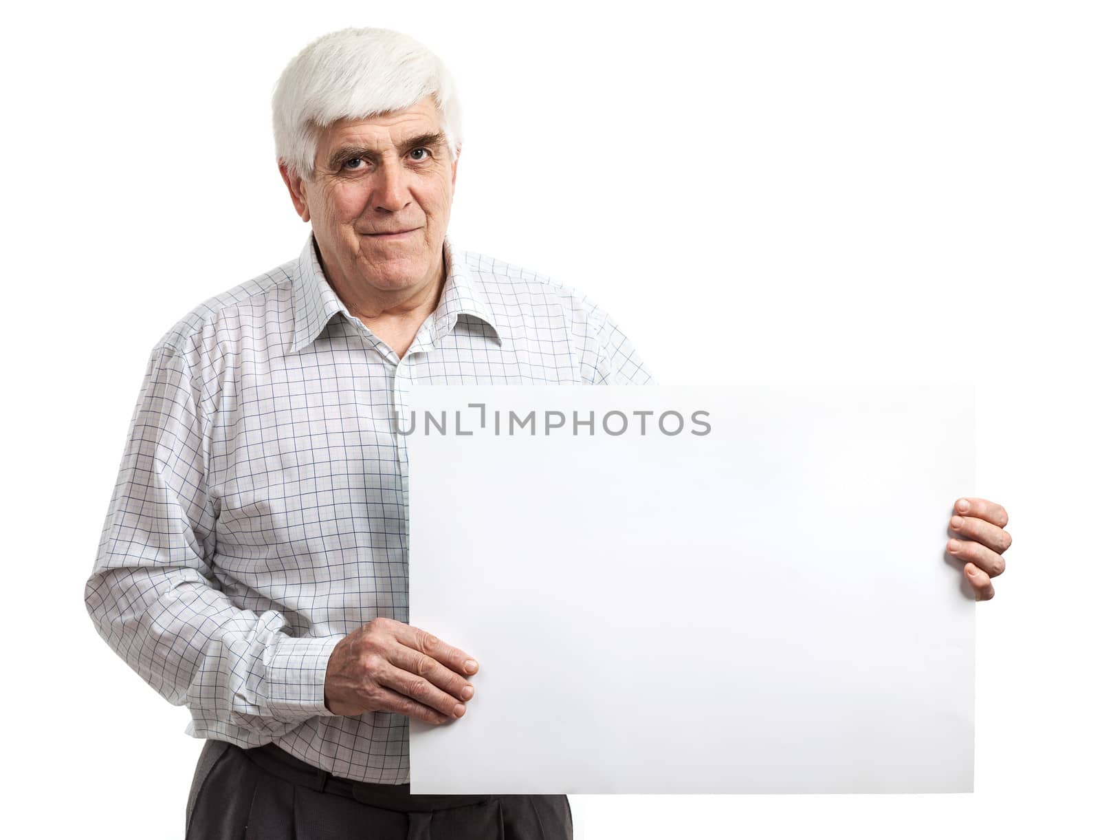 Handsome mature man holding a blank billboard isolated on white background