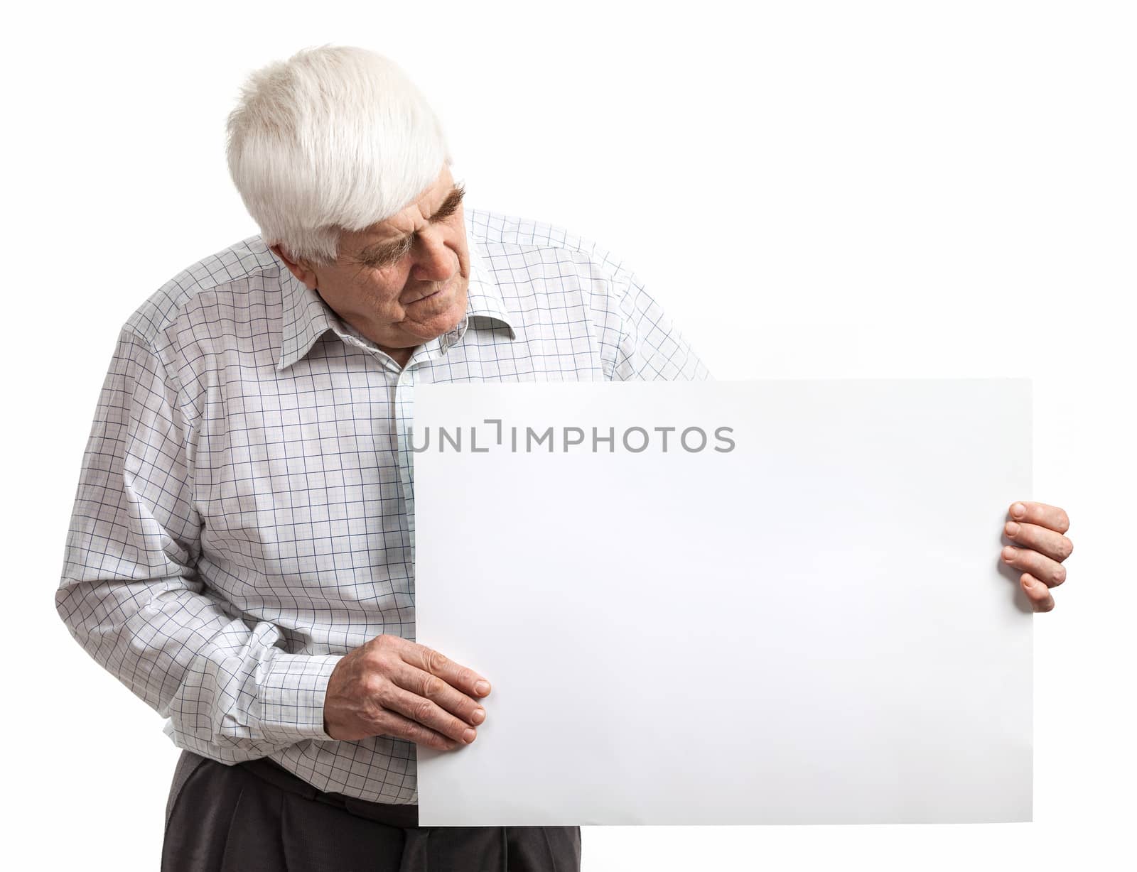 Mature man holding a blank billboard over white by photobac