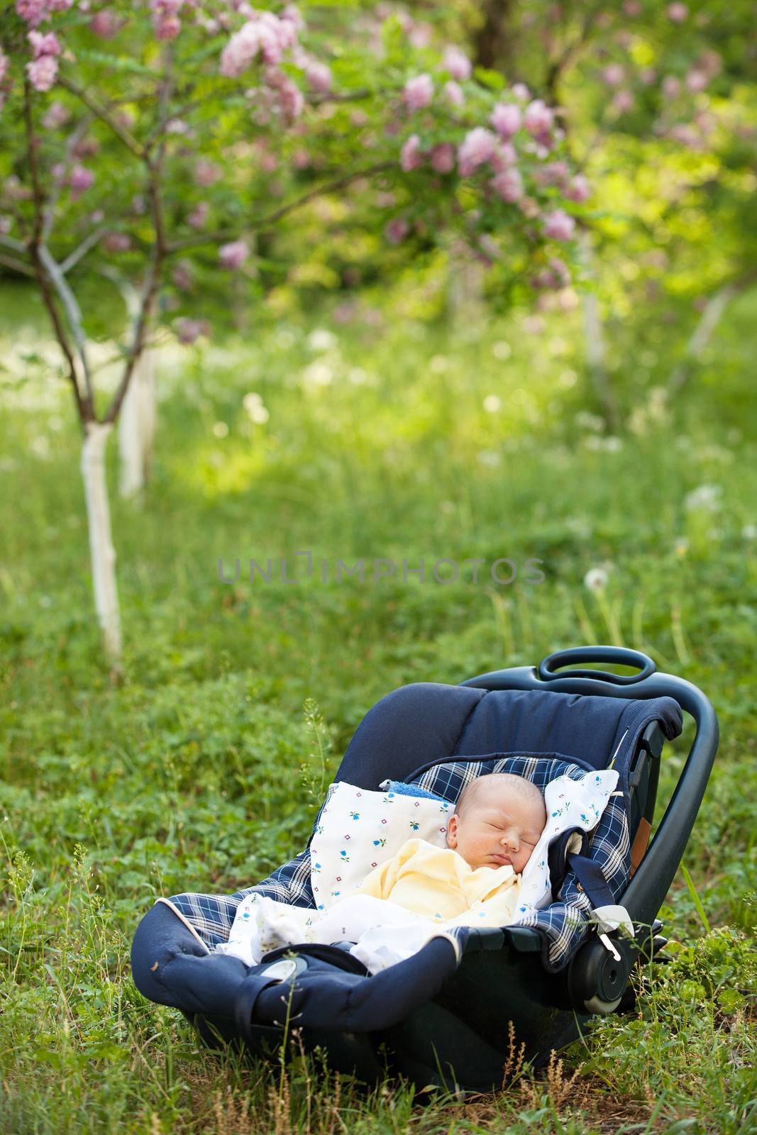 Newborn boy sleeping in car seat outdoors