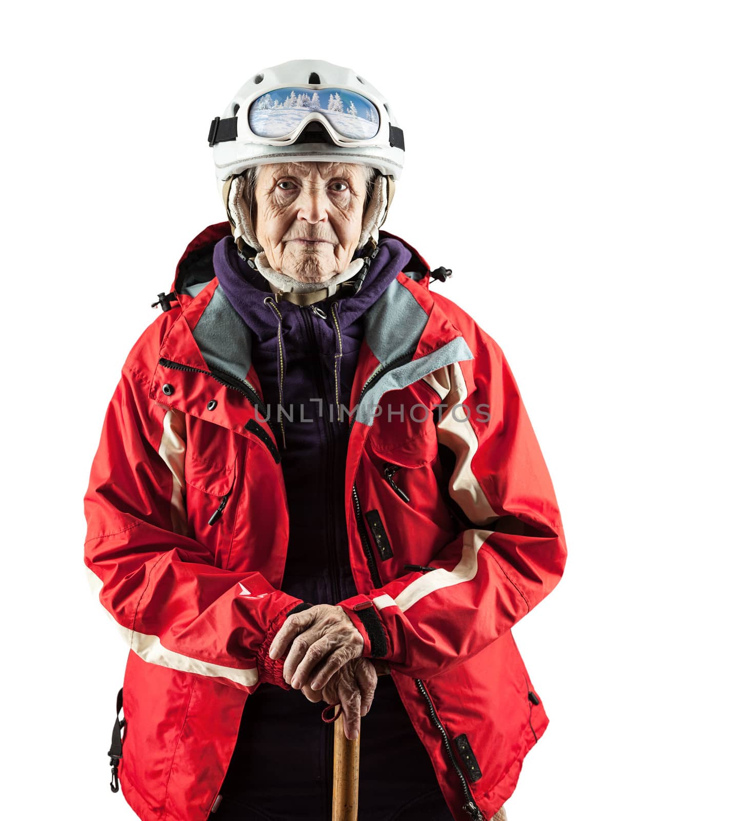 Senior woman in ski jacket and helmet over white by photobac