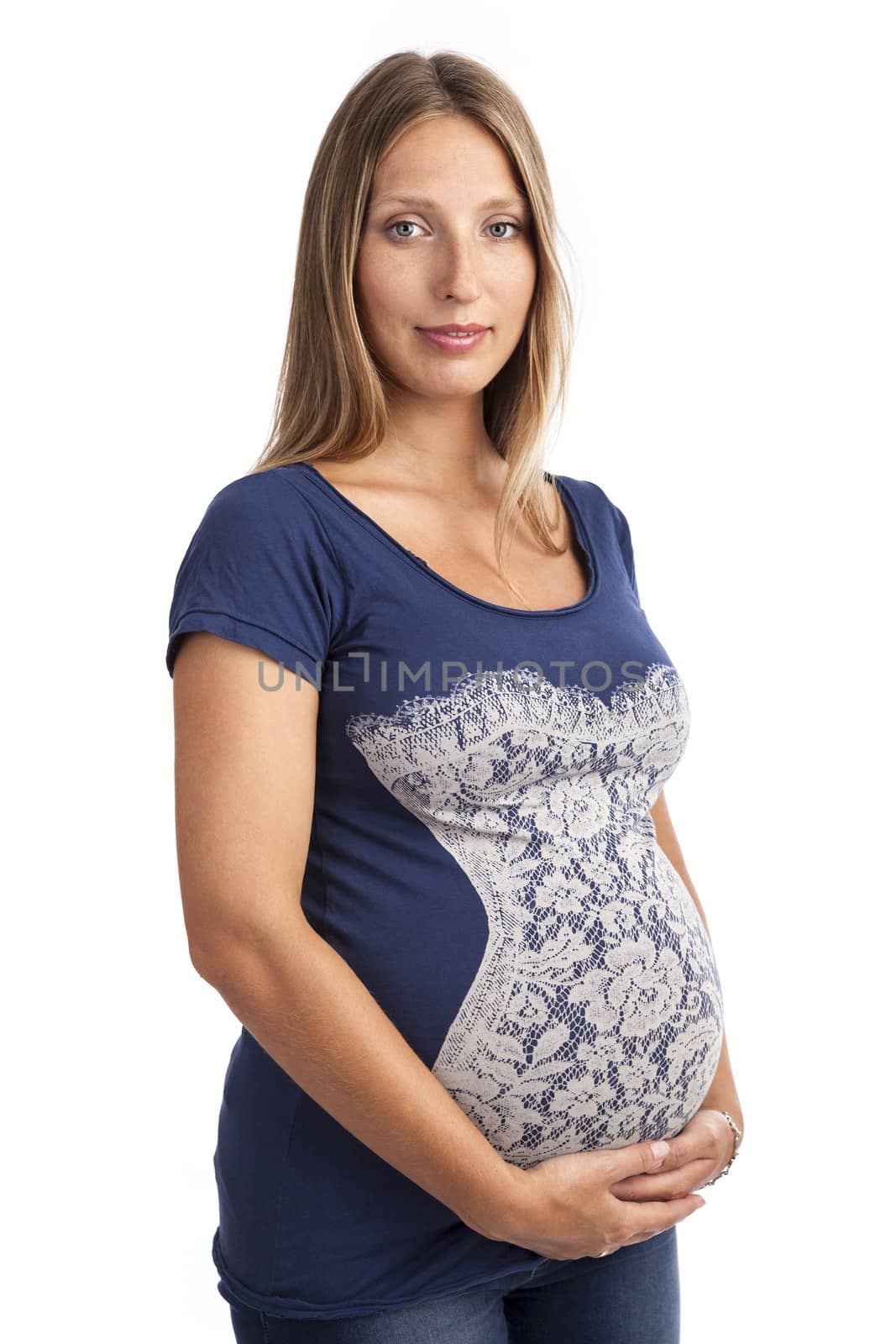 Young pregnant woman on a white background