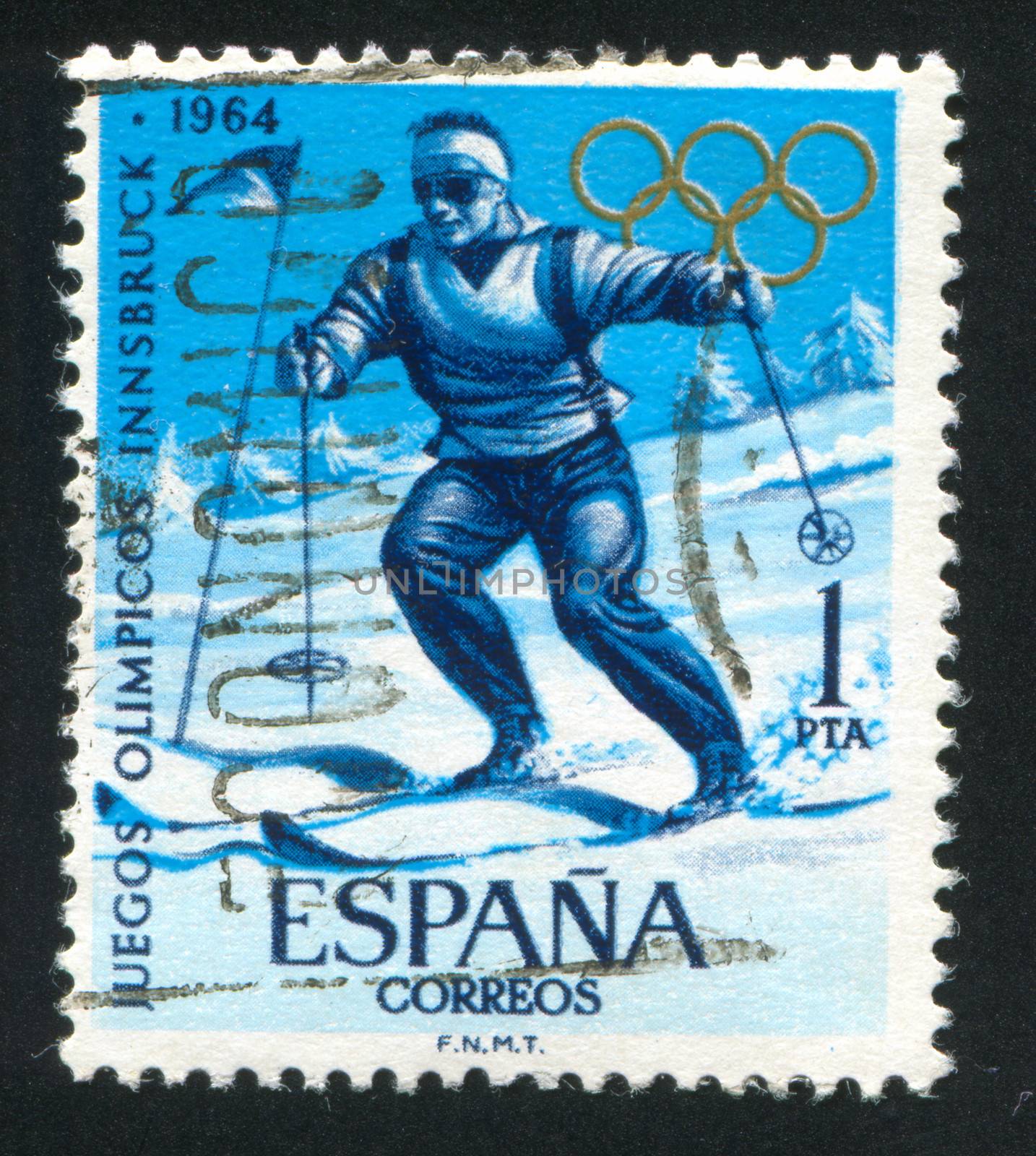 SPAIN - CIRCA 1964: stamp printed by Spain, shows Slalom Sportsman at the Olympic Games, circa 1964