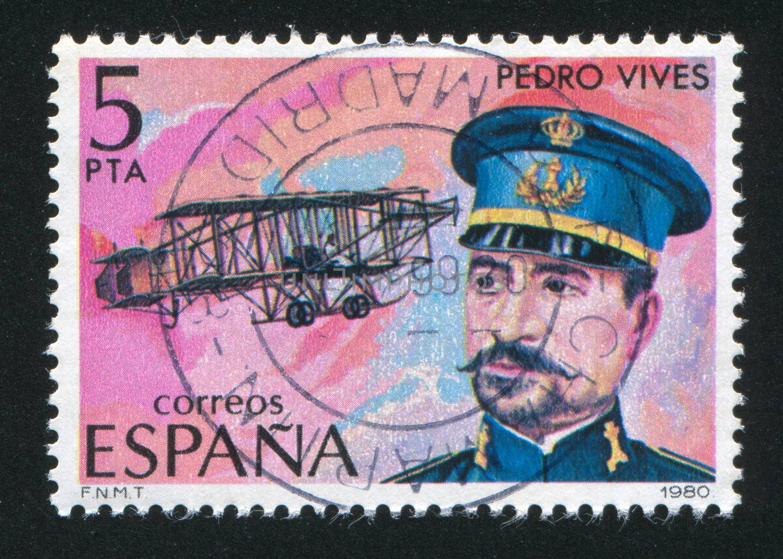 SPAIN - CIRCA 1980: stamp printed by Spain, shows Pedro Vives and Airplane, circa 1980