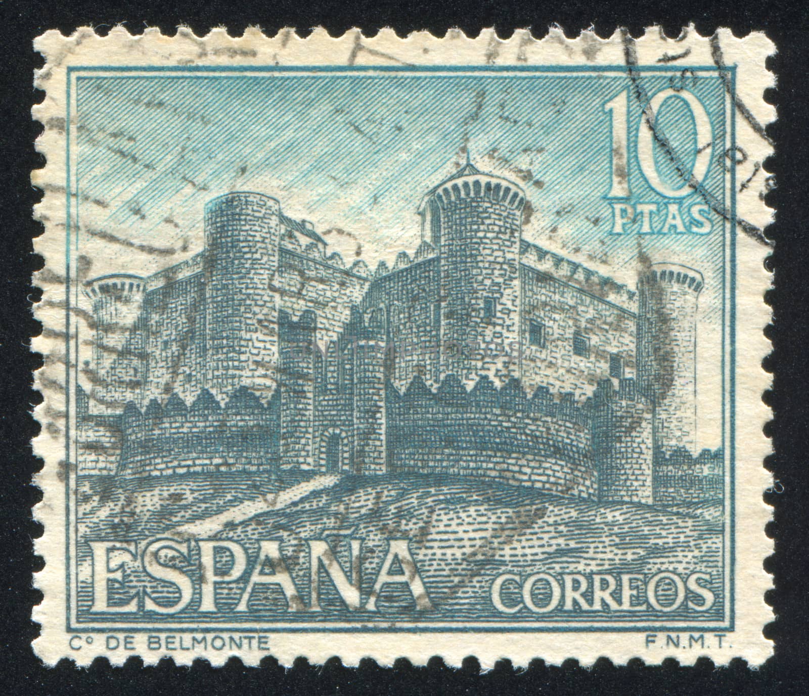 SPAIN - CIRCA 1967: stamp printed by Spain, shows Castle de Belmonte, circa 1967