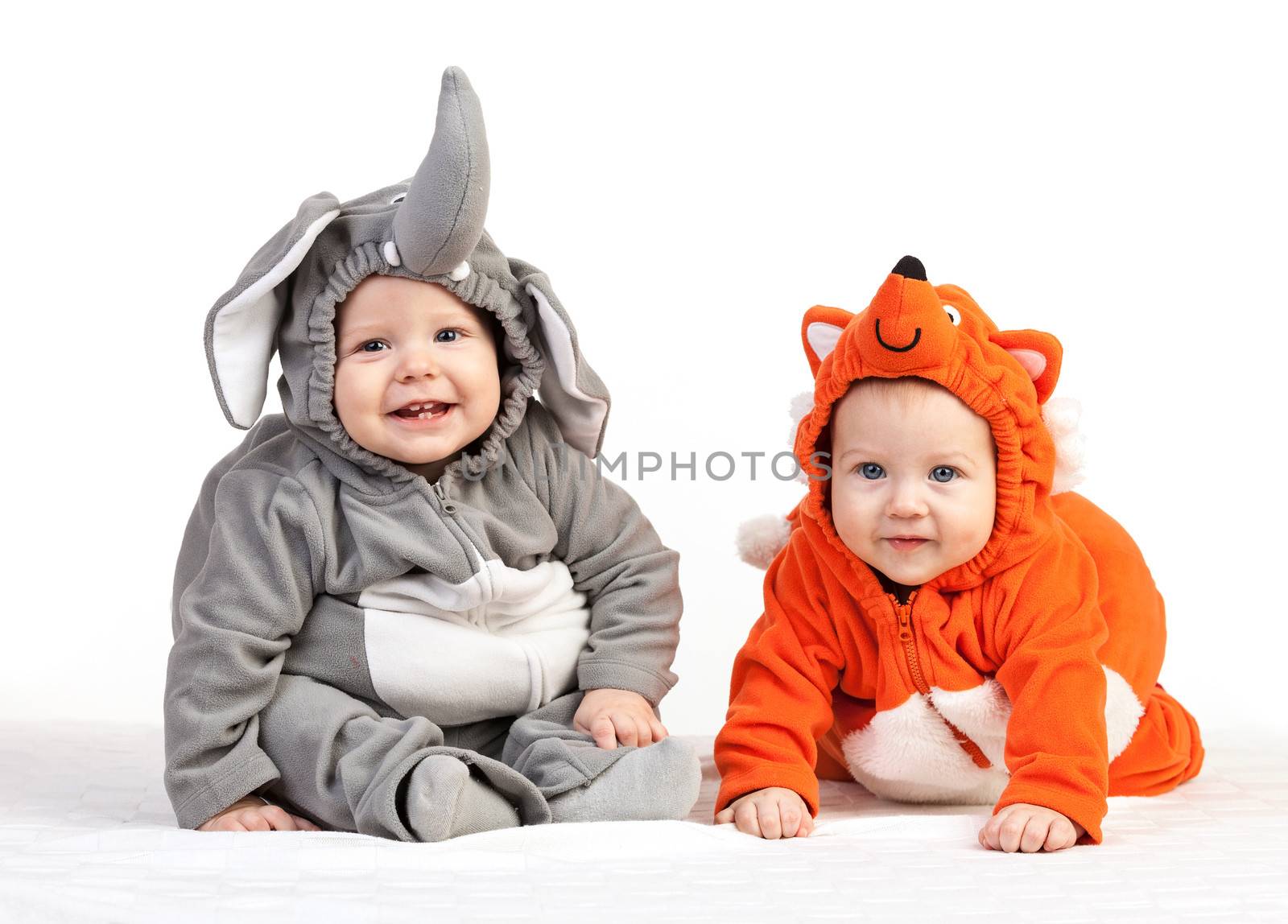 Two baby boys dressed in animal costumes on white by photobac