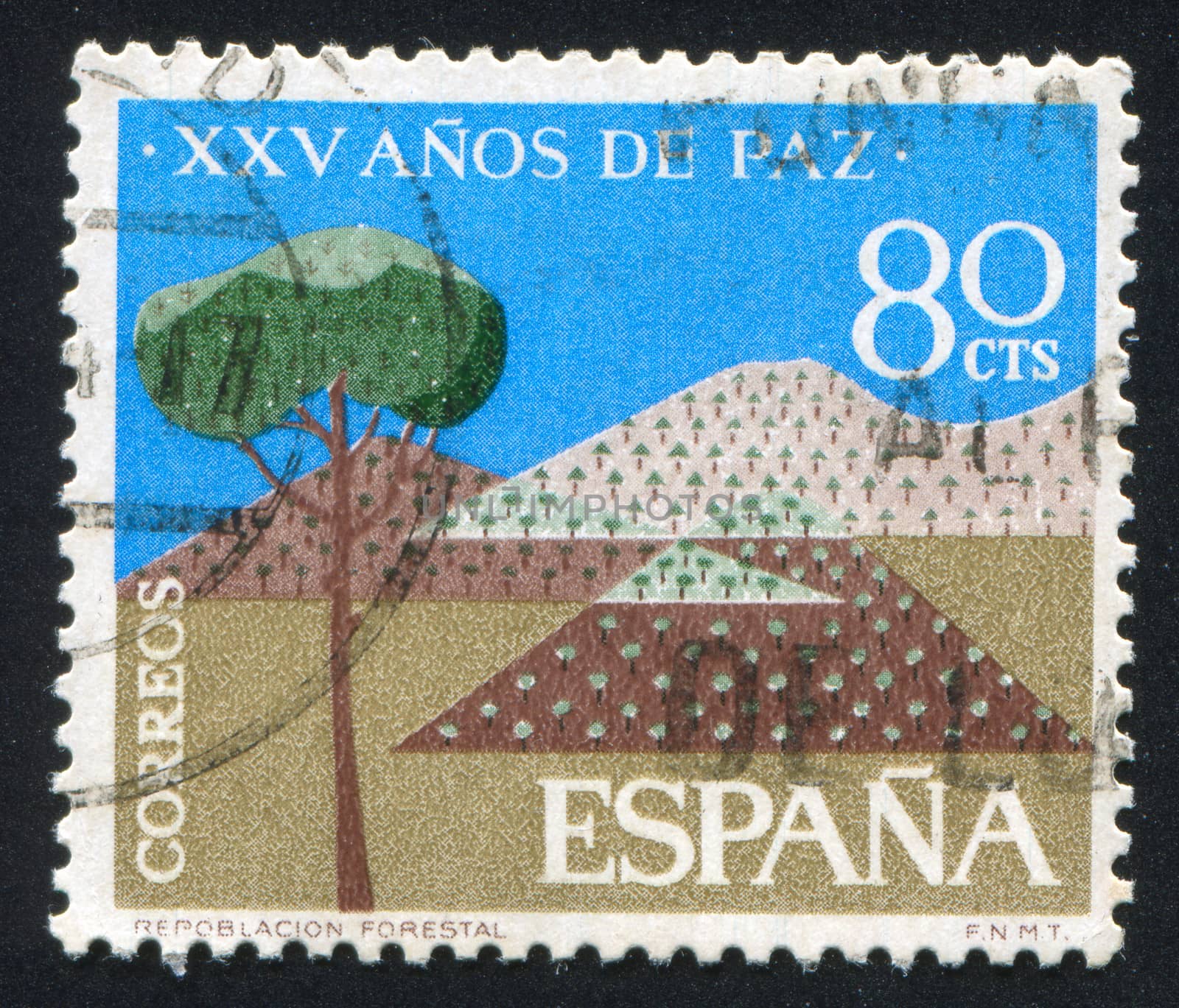 SPAIN - CIRCA 1966: stamp printed by Spain, shows Pine Tree, Mountains, circa 1966