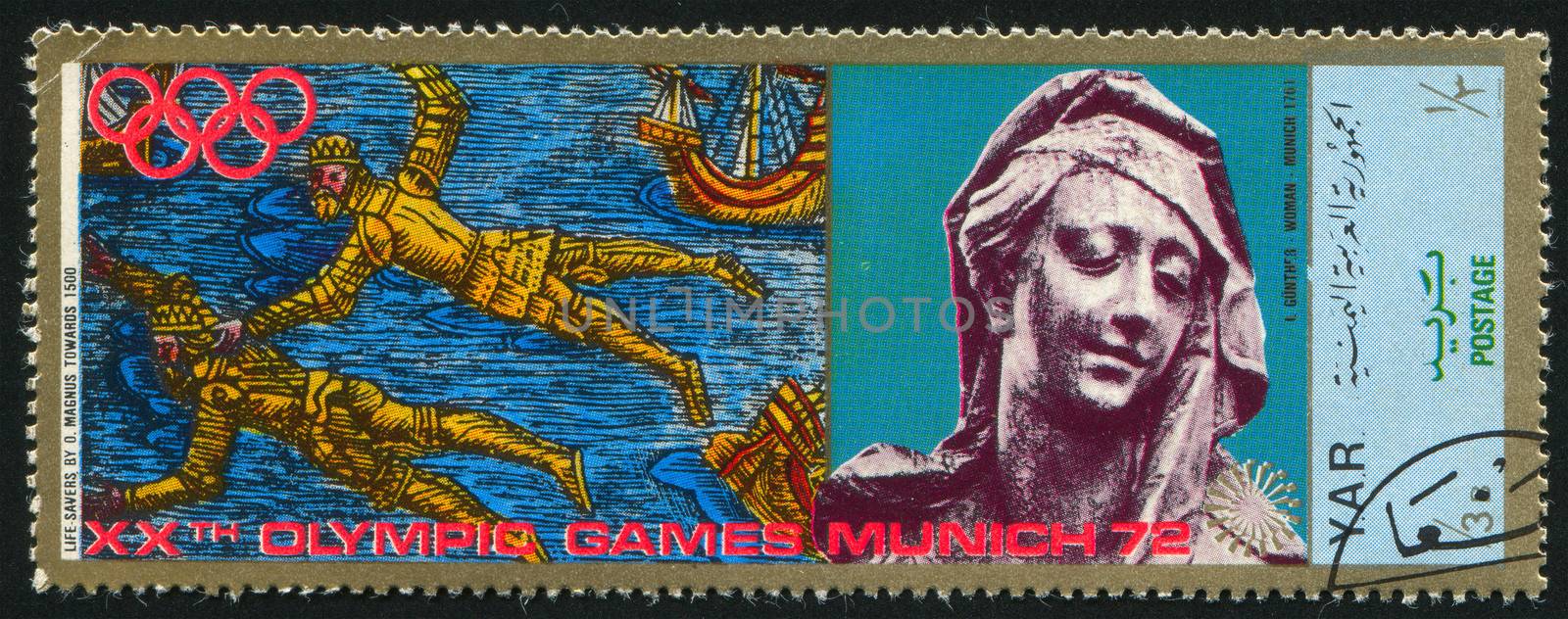 YEMEN - CIRCA 1972: stamp printed by Yemen, shows Life savers by Magnus and a Statue, circa 1972