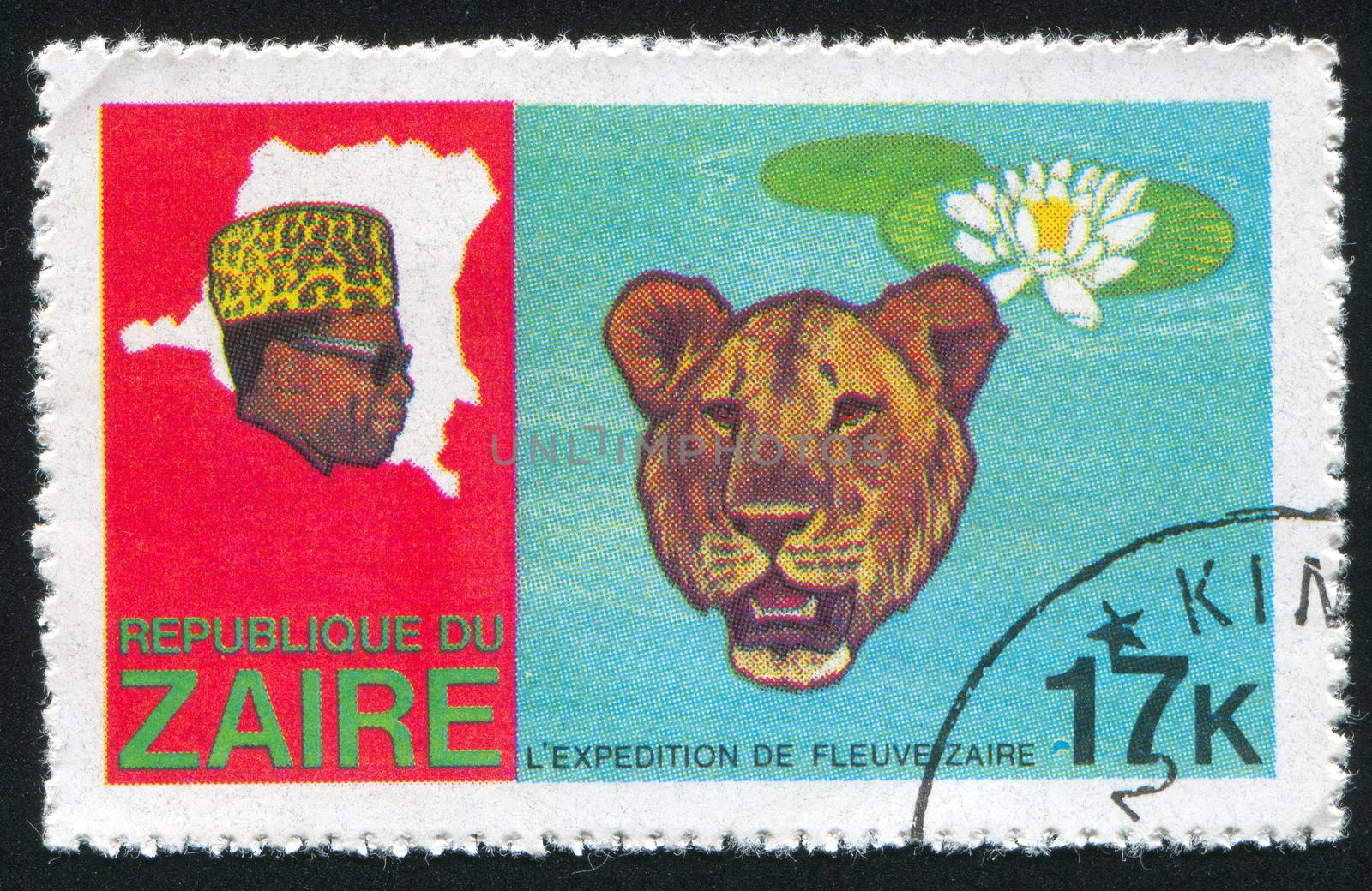 ZAIRE - CIRCA 1978: stamp printed by Zaire, shows Head of Leopard and Victoria Regia lily, circa 1978