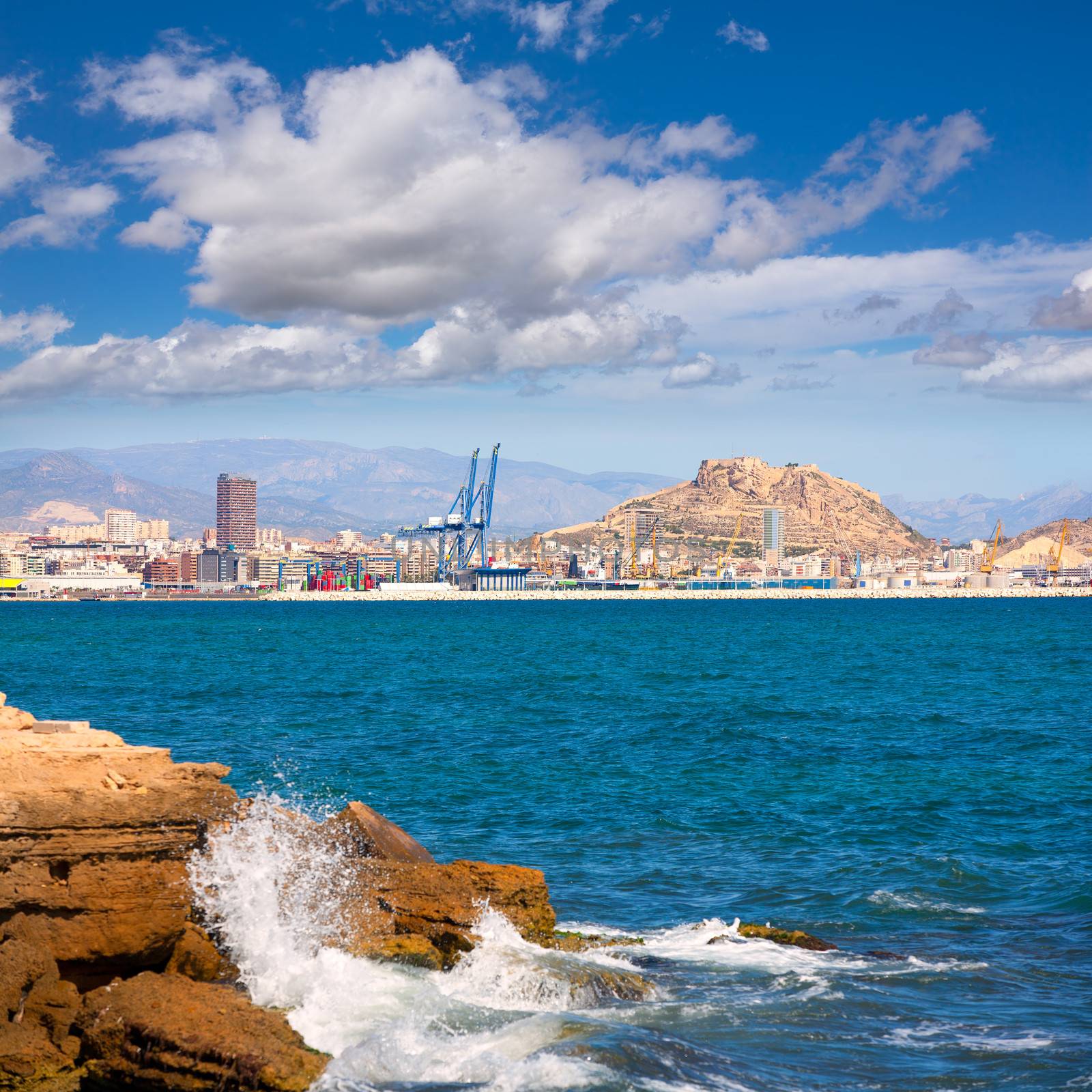 Alicante skyline downtown and port view from Mediterranean sea spain