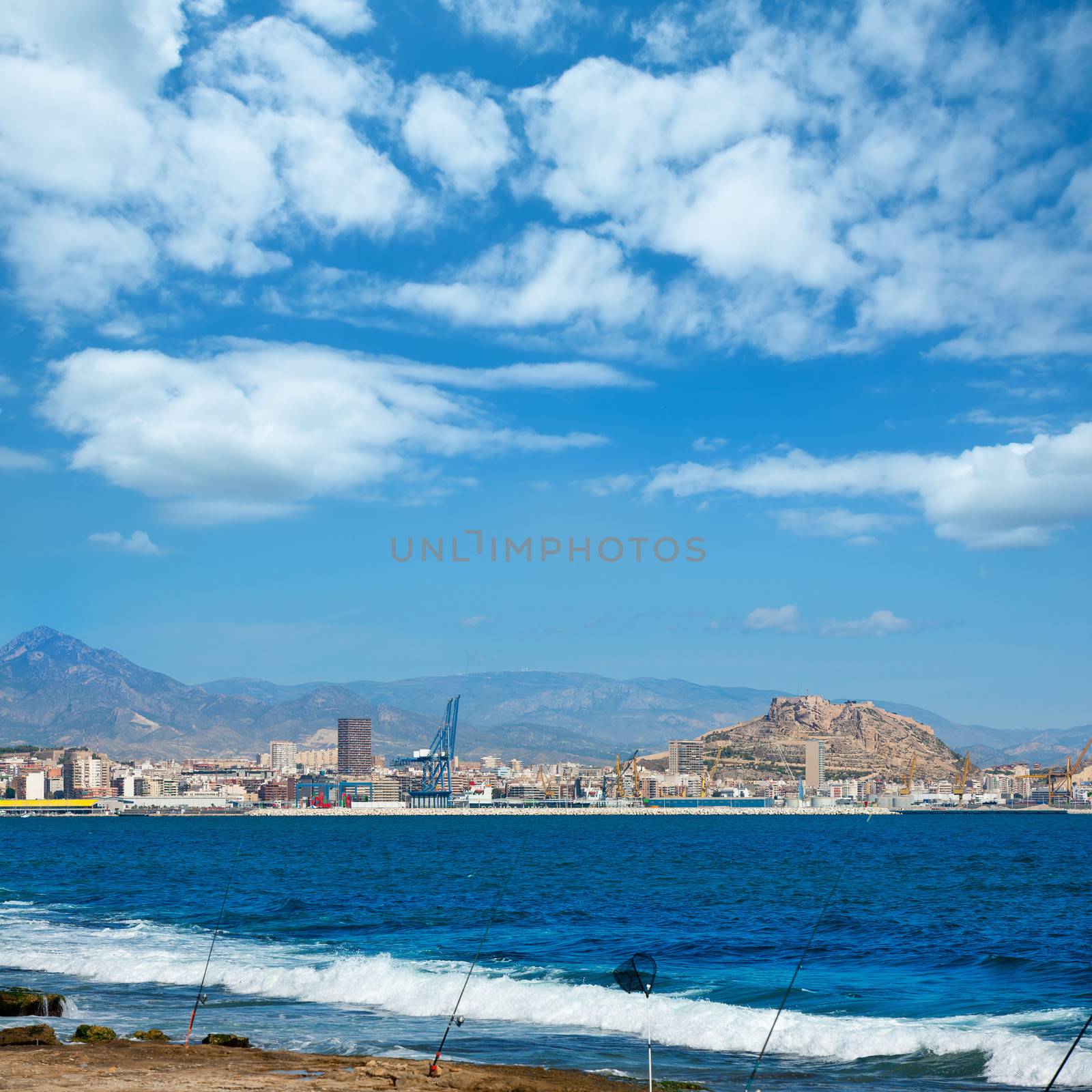 Alicante skyline downtown and port from Mediterranean by lunamarina